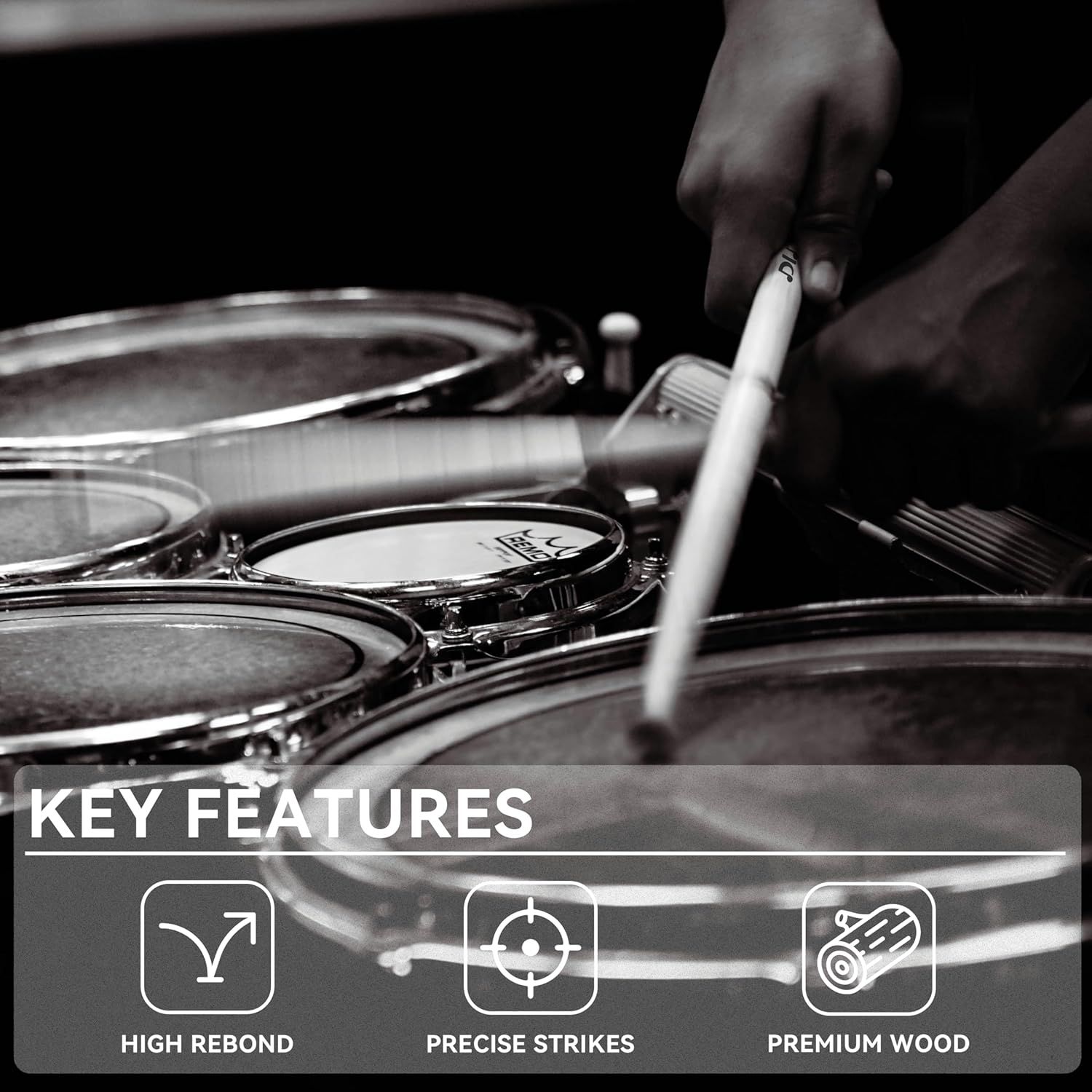 Communicates three distinct selling benefits of the drumsticks in a segmented layout with icons and labels, highlighting performance features that appeal to drummers.