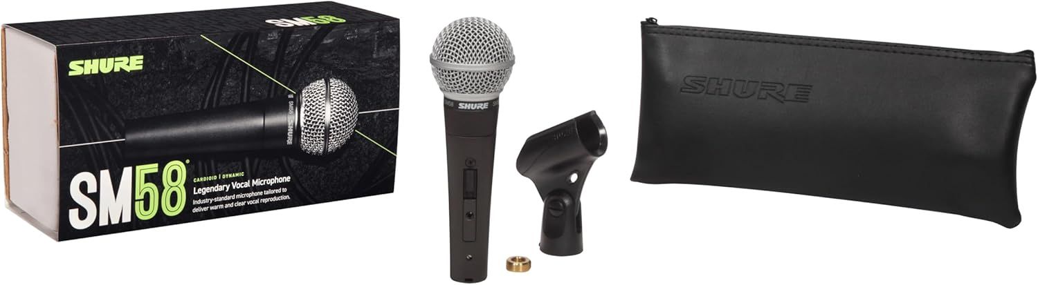 Shows everything included in the package: the SM58 microphone, carrying pouch, mic clip, adapter, and retail box to reassure shoppers they are getting a complete professional kit.