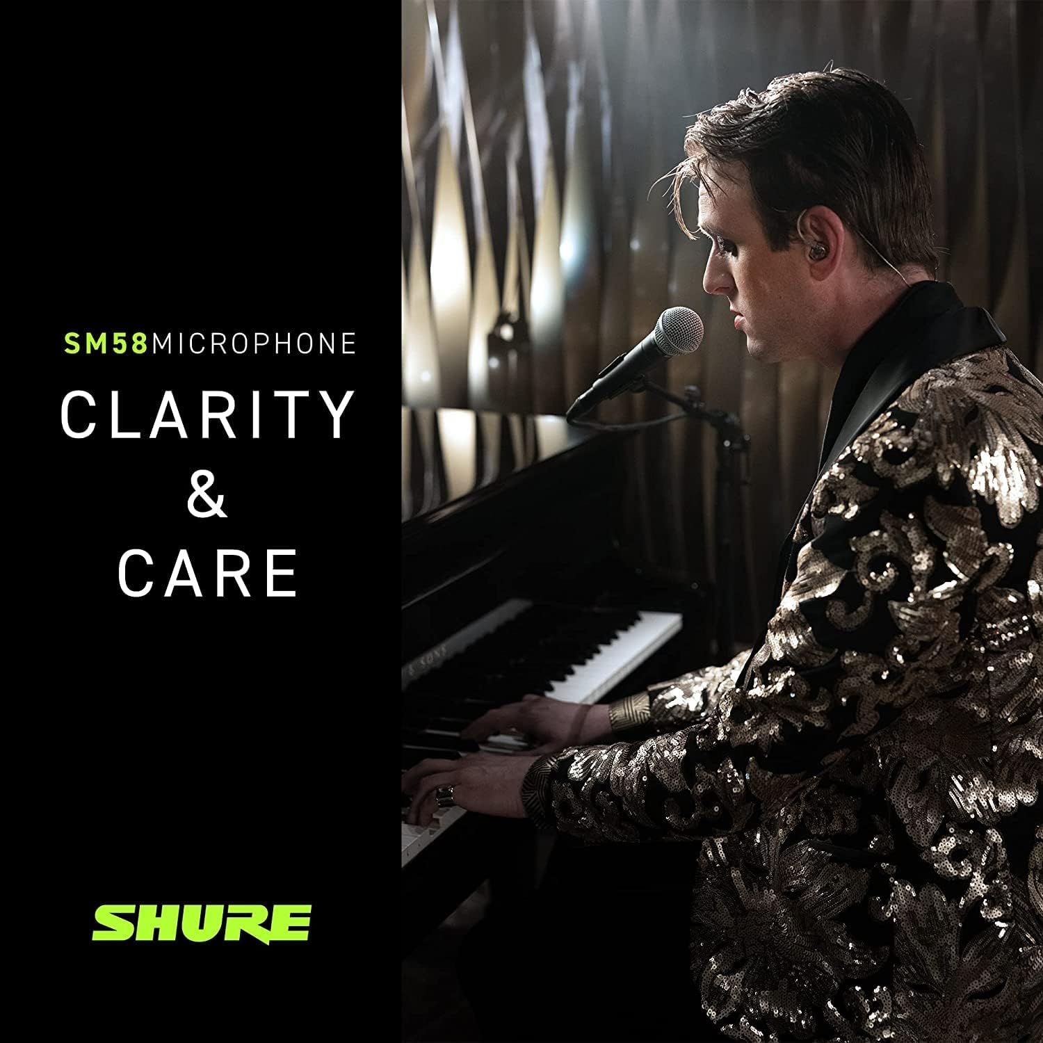 This image communicates the brand's professional audio quality and emotional connection to music performance, positioning Shure as a trusted brand for clarity and care in sound capture.