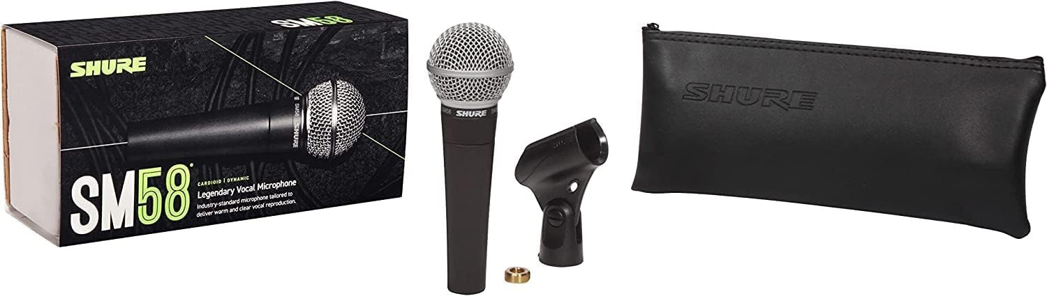 Shows all items included with the purchase: the SM58 microphone, mic clip, carrying pouch, and product packaging to reassure shoppers they're getting a complete bundle.