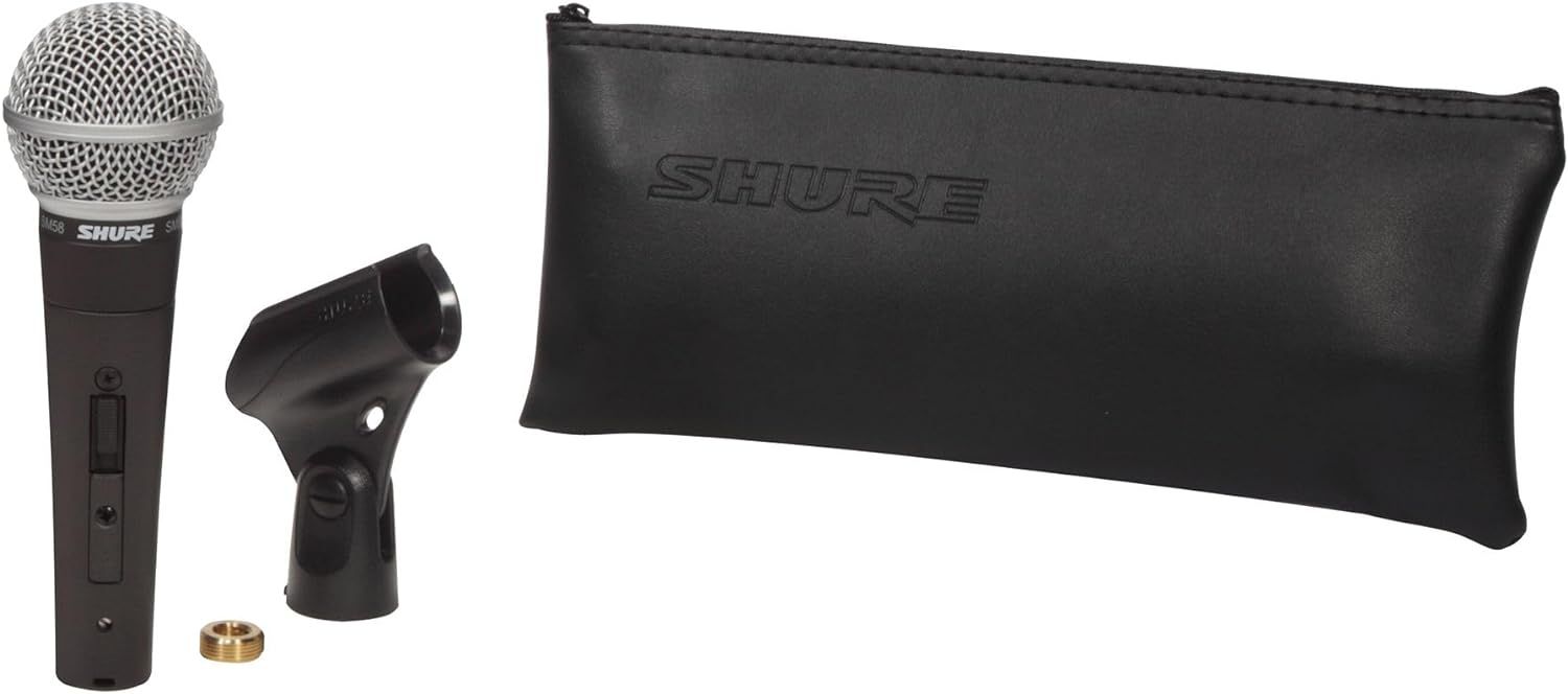 Shows all items included with the microphone purchase: the microphone, mic clip, adapter, and carrying pouch, helping shoppers understand the complete value of the package.