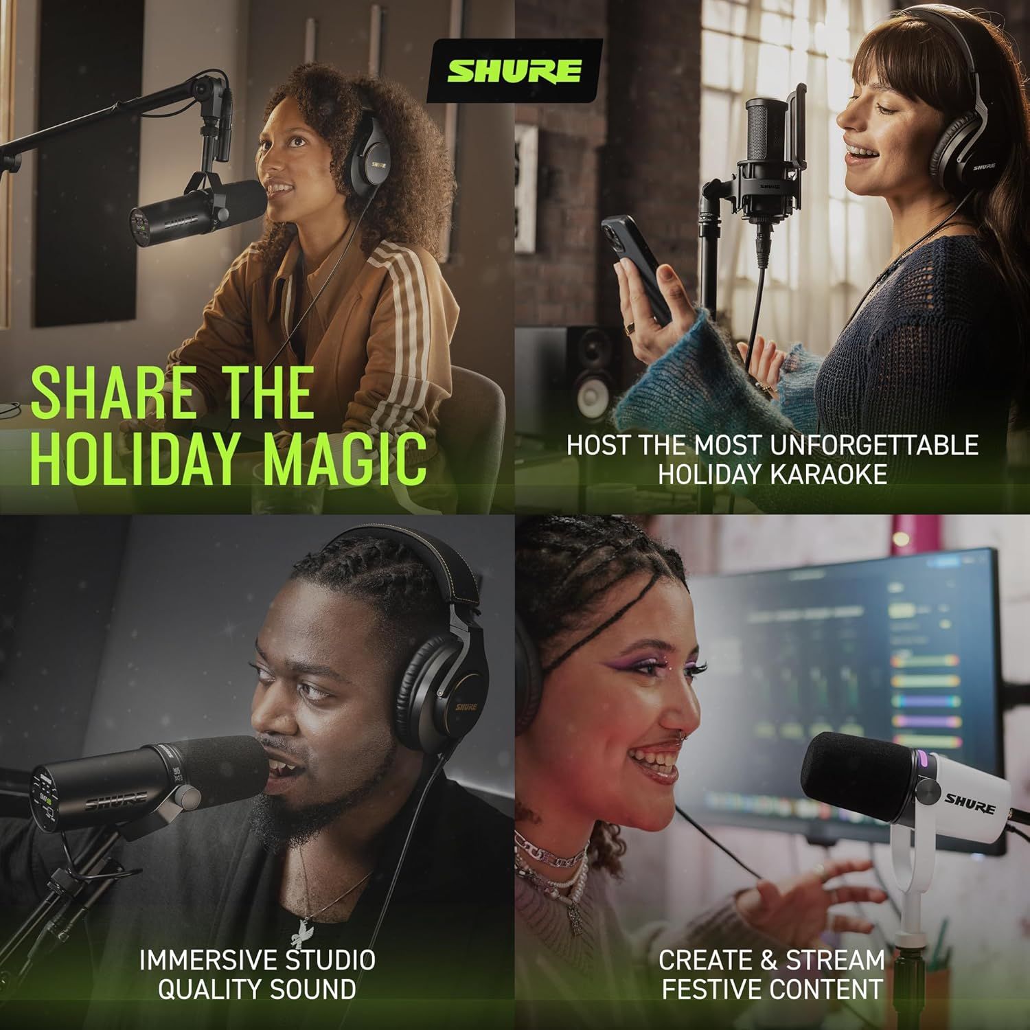 Positions the Shure microphone and headphone products as ideal for holiday entertainment and content creation, emphasizing their ability to create memorable seasonal experiences. Showcases multiple…