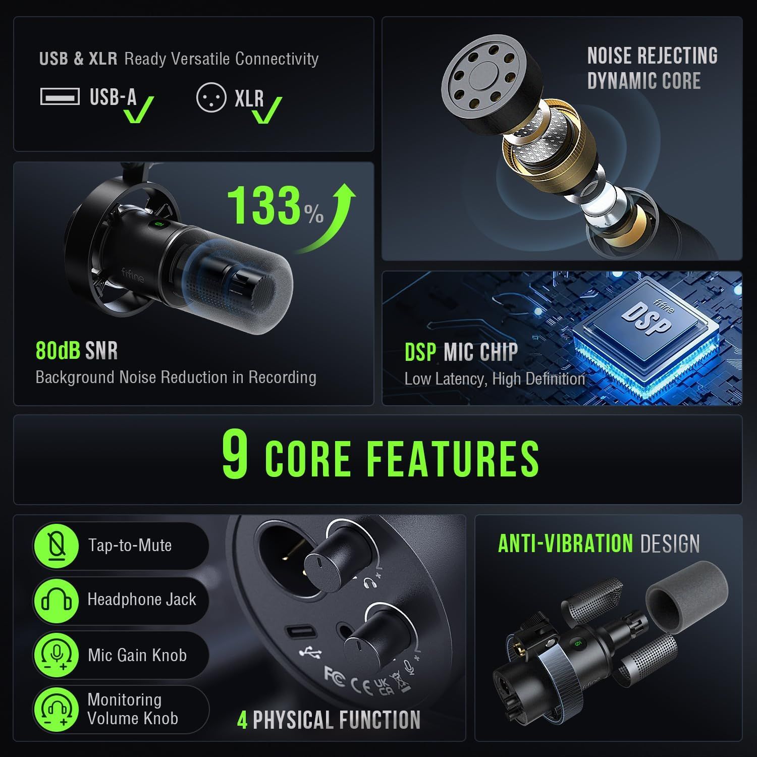 Showcases nine distinct technical features and benefits of the microphone in a visually segmented grid layout to demonstrate comprehensive professional-grade capabilities for recording.