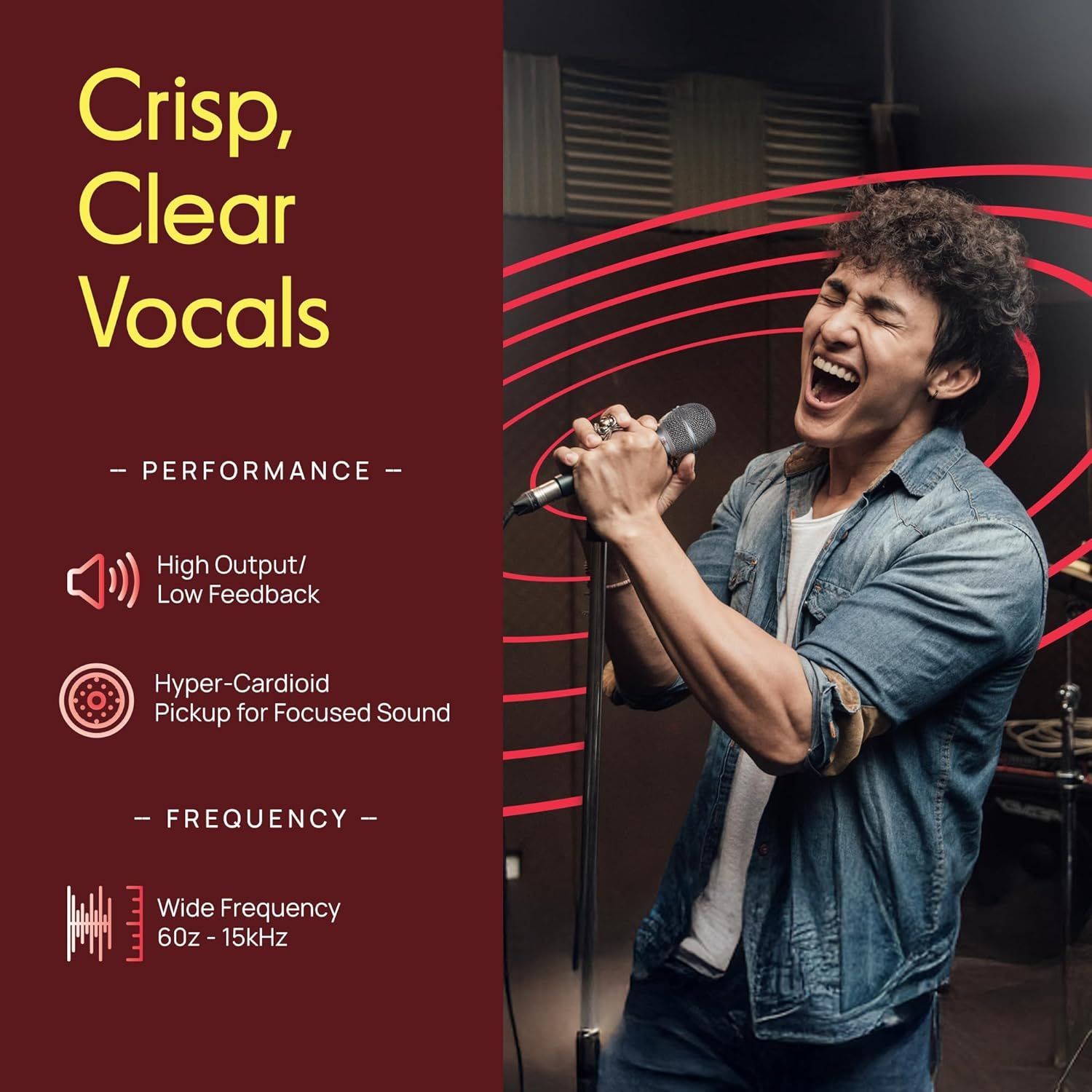Communicates multiple technical performance benefits of the microphone to reassure shoppers that it delivers professional-quality vocal clarity and sound.