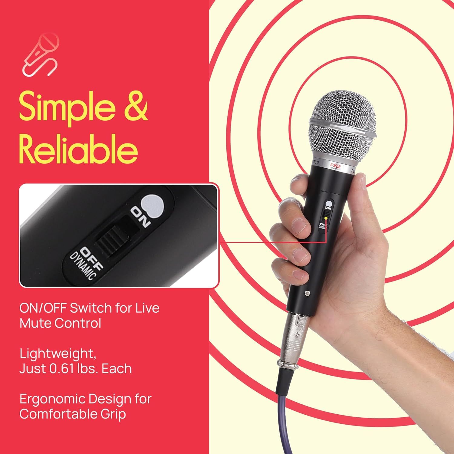 Communicates multiple distinct benefits of the microphone including ease of use with mute control, portability through lightweight design, and comfort during extended use.