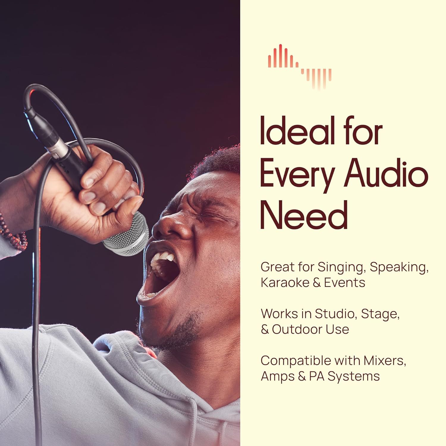 Demonstrates the microphone's versatility across multiple use scenarios (singing, speaking, karaoke, events, studio, stage, outdoor) and compatibility with various audio systems to show shoppers it…