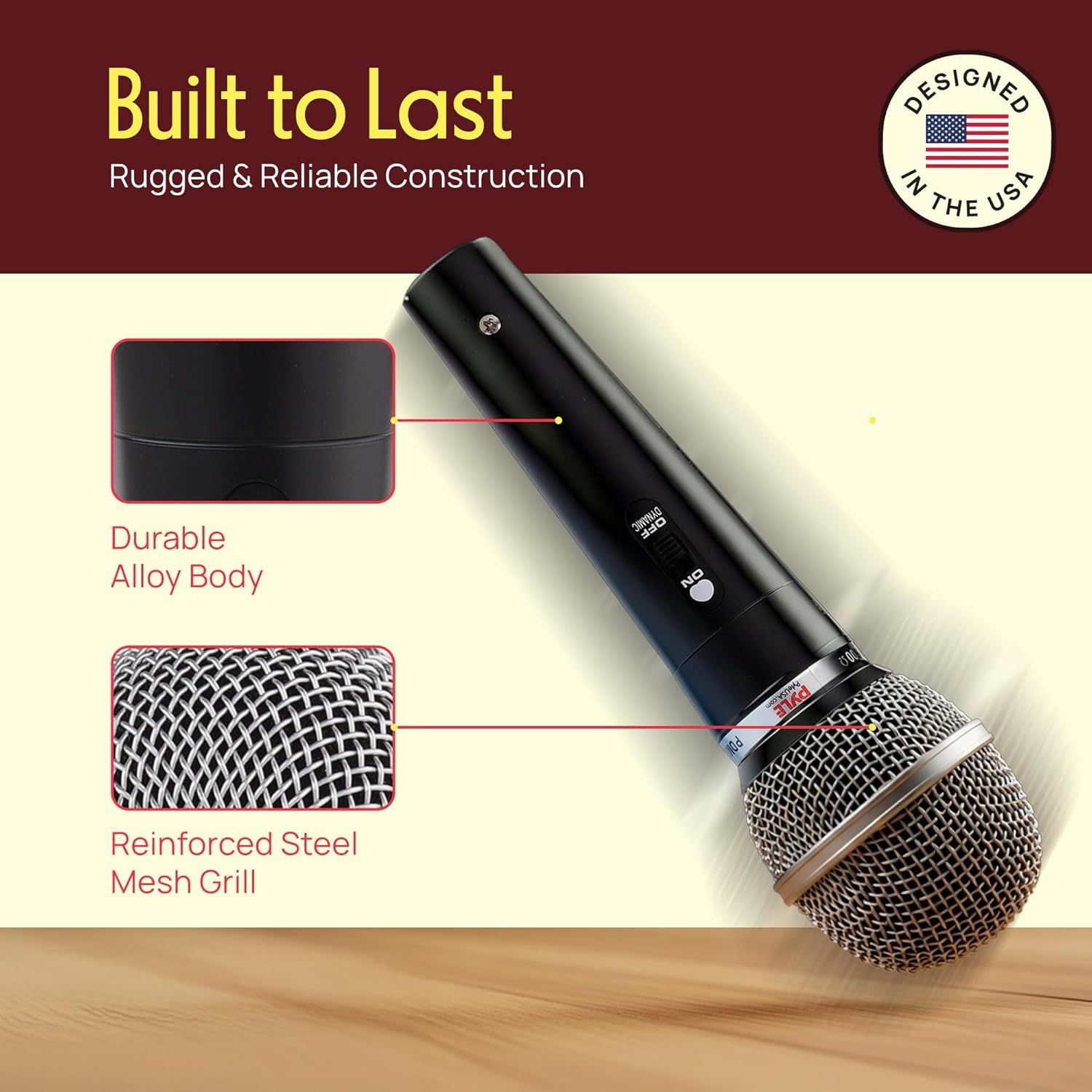 Highlights the physical construction components of the microphone to communicate durability and rugged reliability, reassuring shoppers of the product's quality and longevity. Emphasizes the brand's…