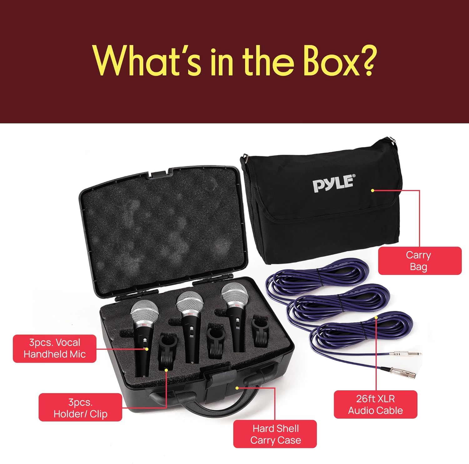 Shows everything included in the purchase: 3 handheld microphones, holders/clips, hard shell case, carry bag, and XLR audio cables to reassure shoppers of the complete value and contents of the…