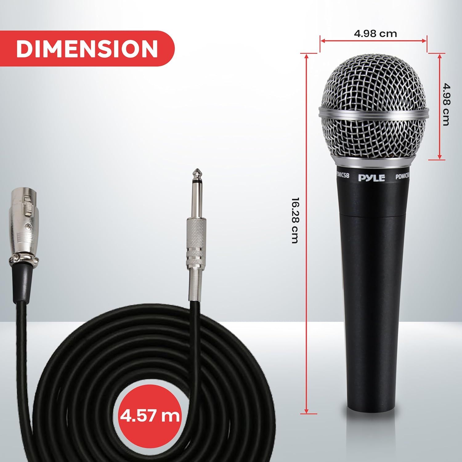 Communicates the exact physical dimensions of the microphone (4.98 cm width, 4.98 cm head height, 16.28 cm total length) and cable length (4.57 m) to help shoppers understand the product's size and…