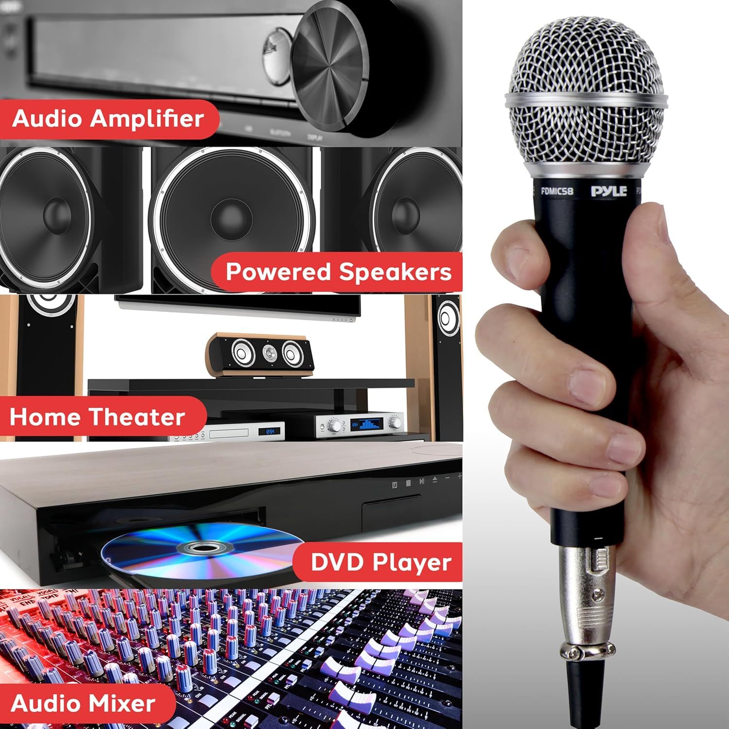 Demonstrates the microphone's versatility by showing multiple compatible audio equipment and use scenarios, reassuring shoppers that the product works across various professional and home audio…