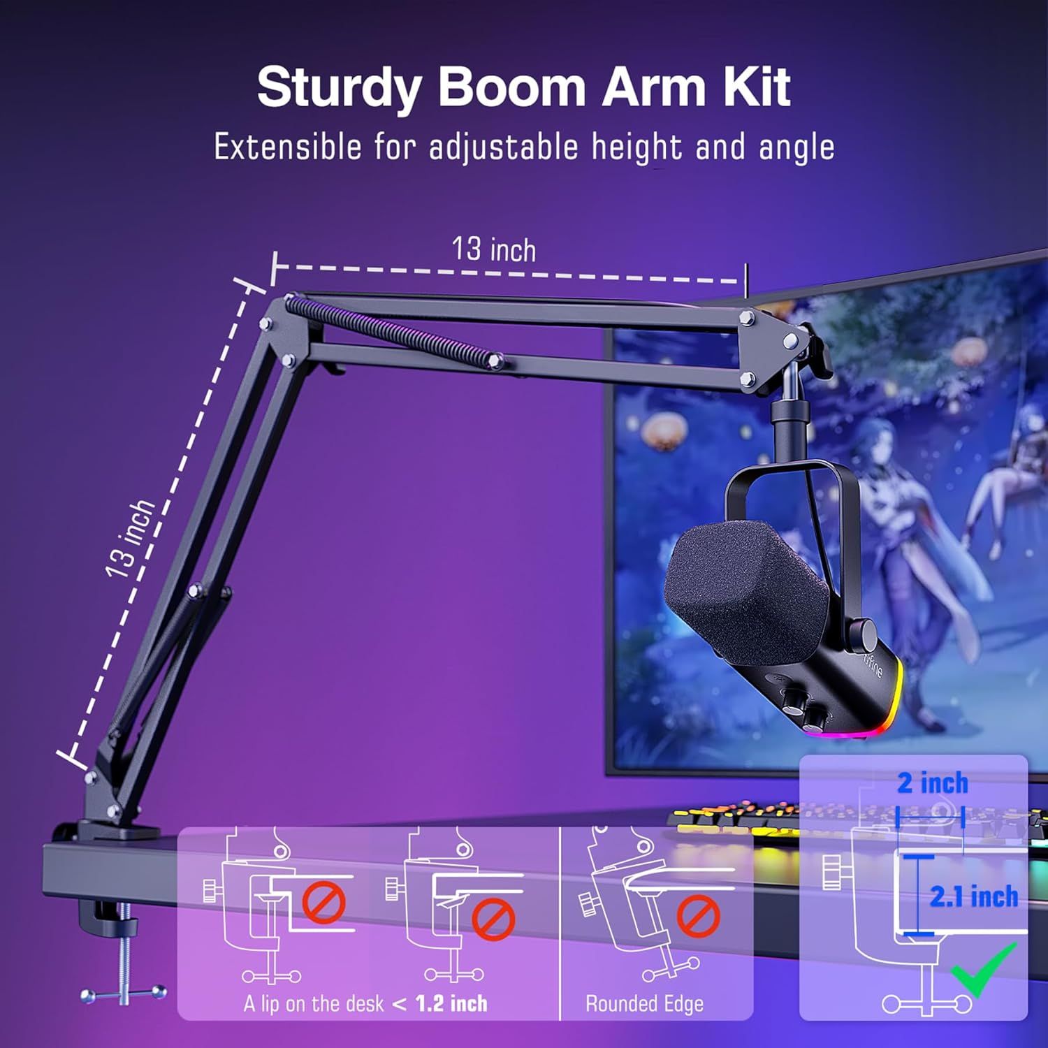 Highlights the physical dimensions and structural features of the boom arm kit, showing its 13-inch reach and adjustability, while demonstrating proper desk mounting requirements to ensure…
