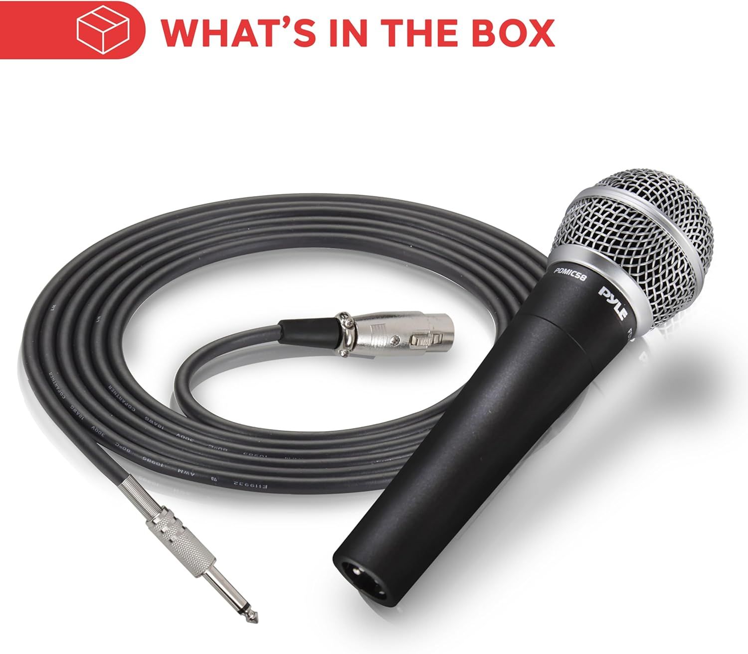 Shows the customer exactly what they will receive in the package: a professional microphone and its connection cable.