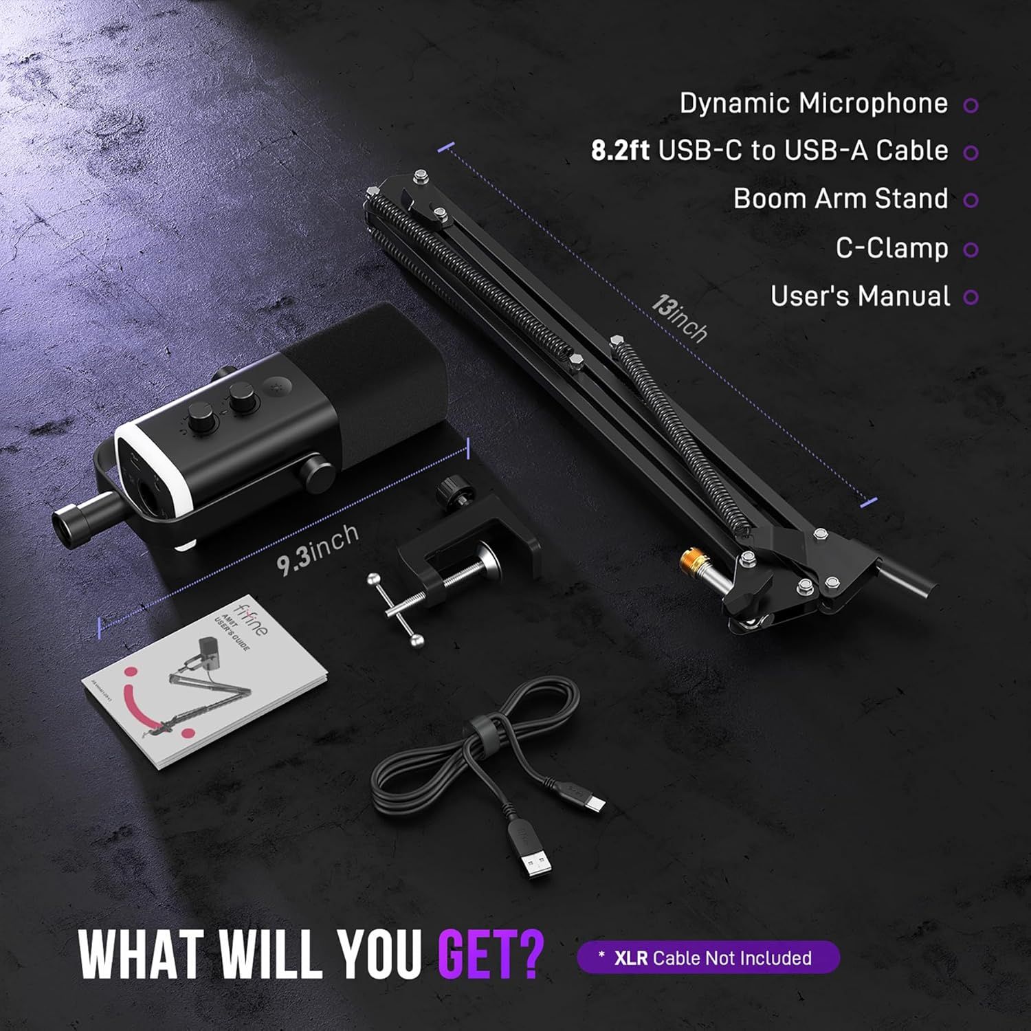 Shows all the components included in the package (microphone, boom arm stand, C-clamp, cable, and manual) to help shoppers understand exactly what they will receive with their purchase.