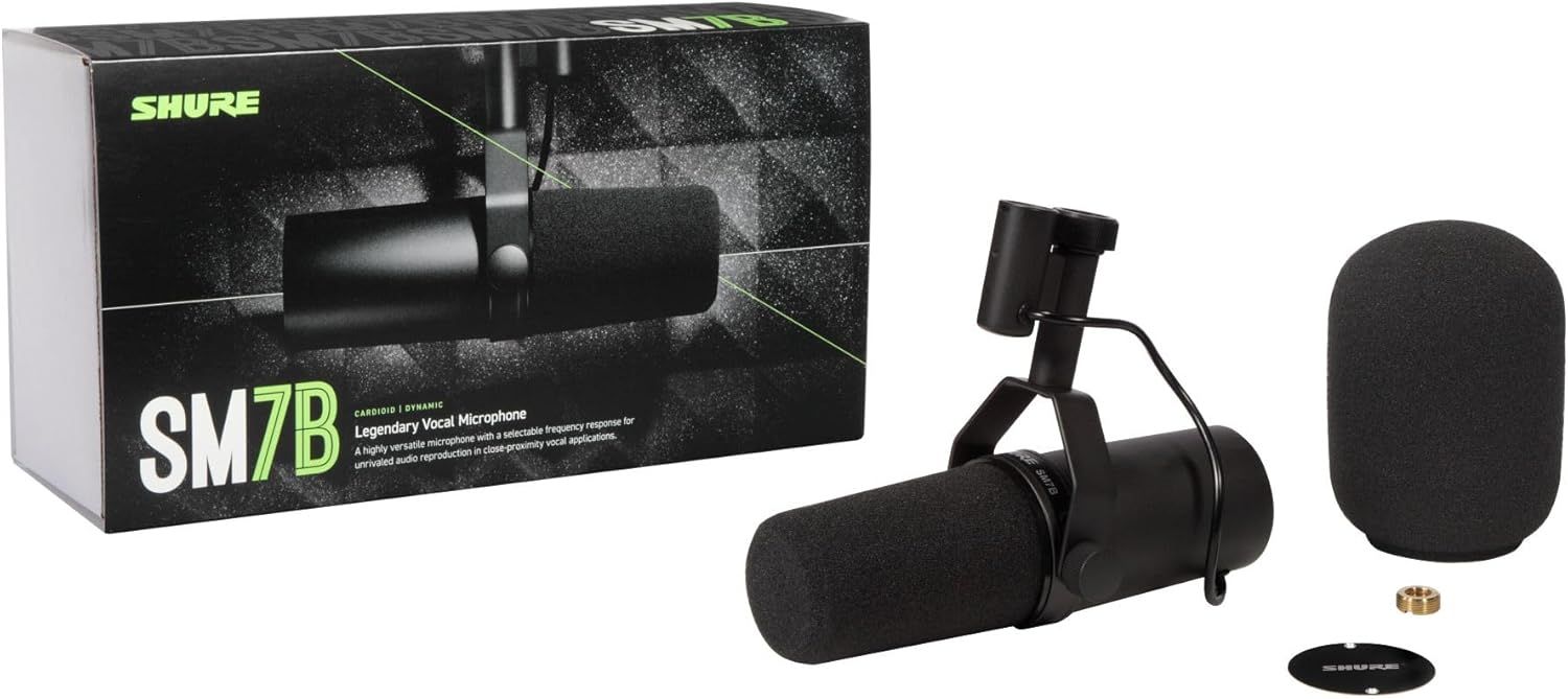 Shows everything included in the package: the SM7B microphone, windscreen, shock mount, and adapter, helping shoppers understand the full value of their purchase.