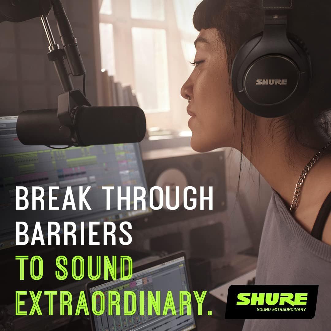 Communicates the brand's core message and emotional positioning with the tagline 'Break Through Barriers to Sound Extraordinary,' reinforcing Shure's identity as a premium audio brand that empowers…