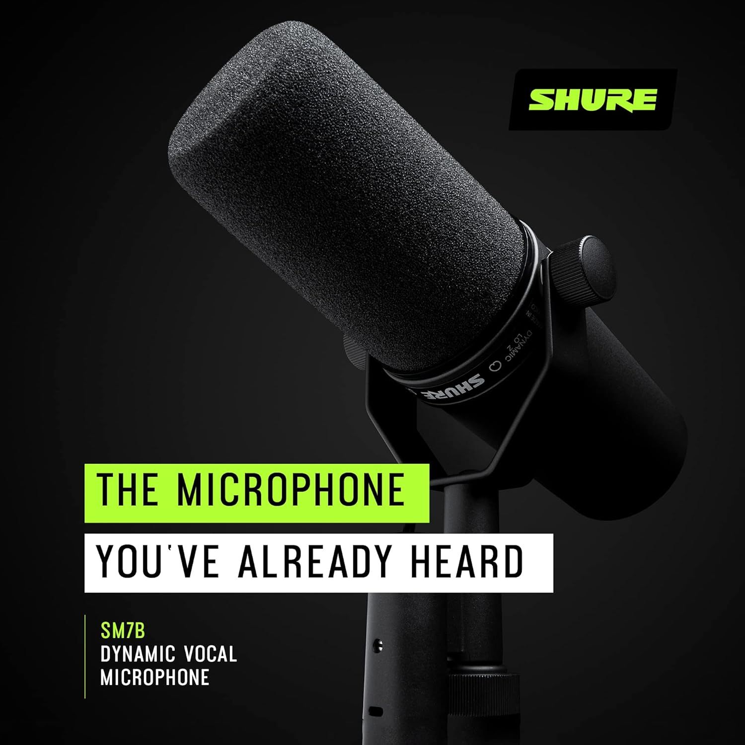 This image establishes brand authority and emotional connection by positioning the Shure SM7B as an iconic, professional-grade microphone that has already been used by industry leaders and heard by…
