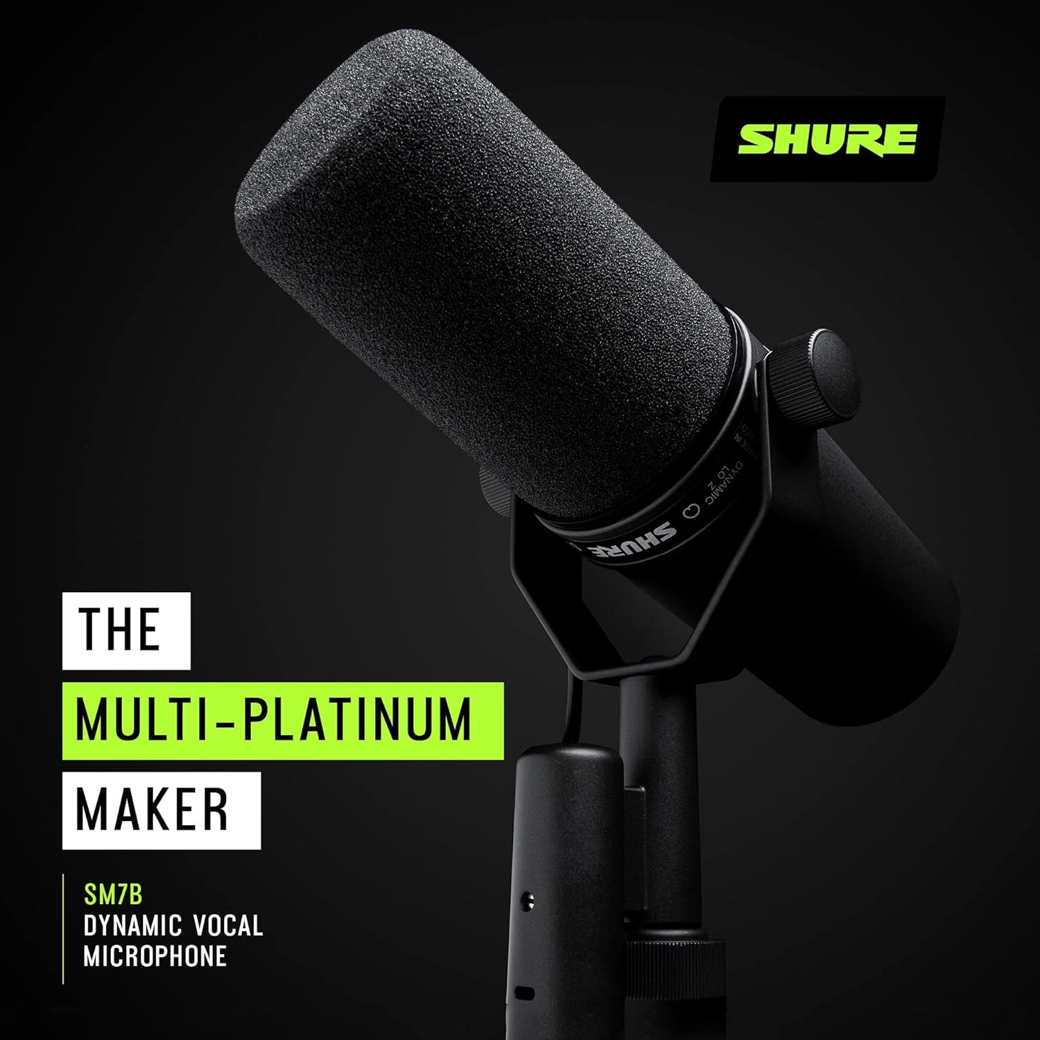 Establishes the Shure brand identity and positions the SM7B microphone as a professional, premium product for content creators and musicians with the tagline 'The Multi-Platinum Maker.'