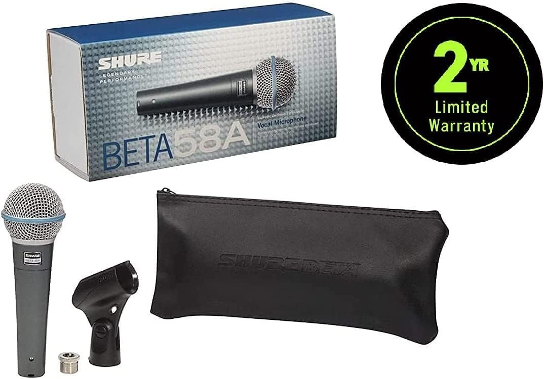 Shows everything included in the purchase: the BETA 58A microphone, carrying pouch, mic clip, and thread adapter, along with the 2-year warranty badge to reassure shoppers of the complete value and…
