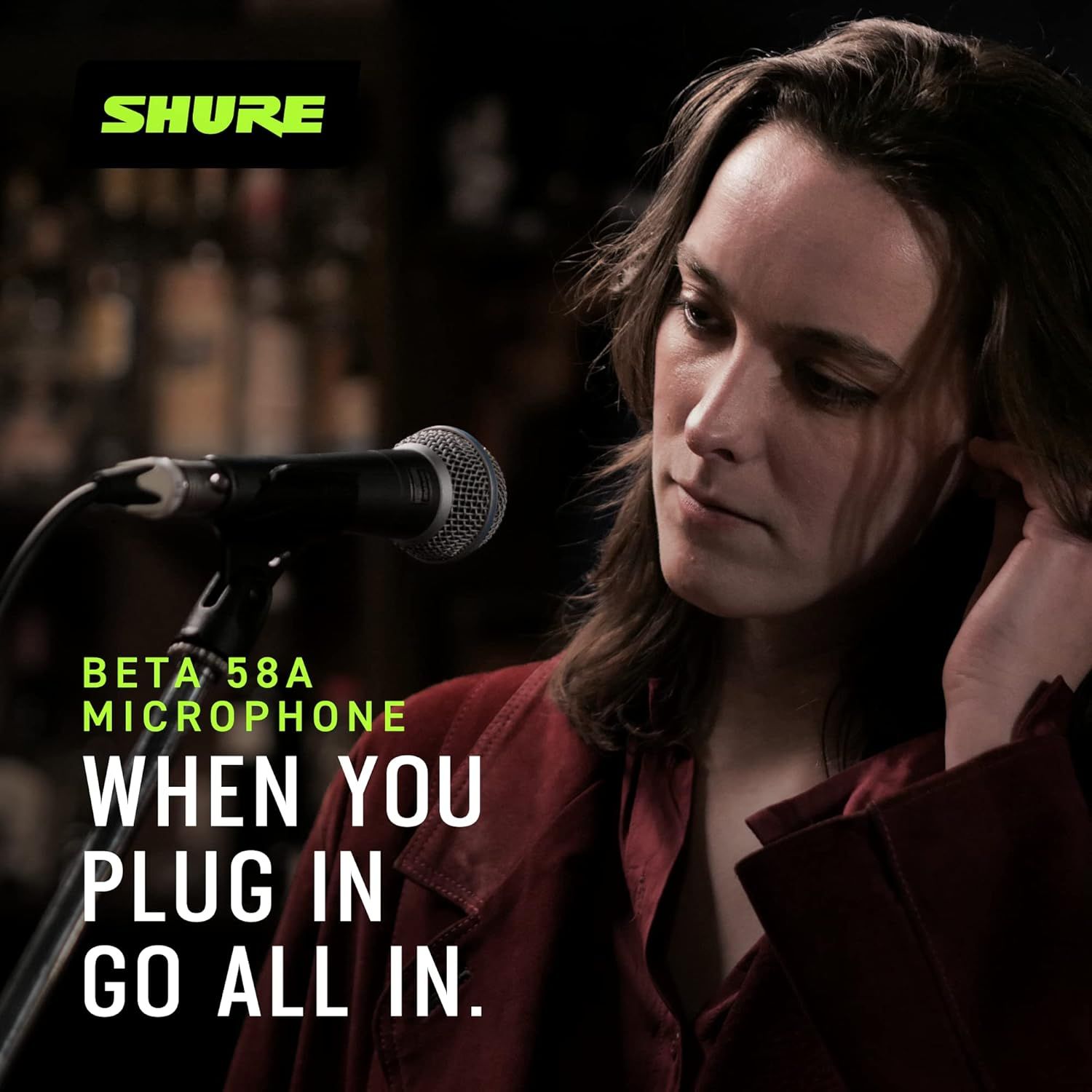 Communicates the brand's identity and emotional positioning with a tagline that encourages commitment and passion, reinforcing Shure's professional audio heritage.