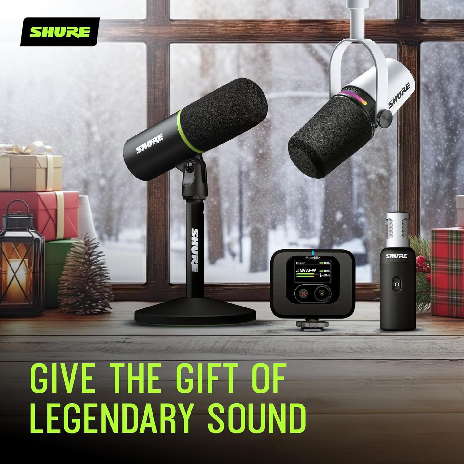 Positions the Shure audio product lineup as a premium holiday gift option, leveraging seasonal cues like wrapped presents, winter scenery, and festive decorations to encourage gifting.