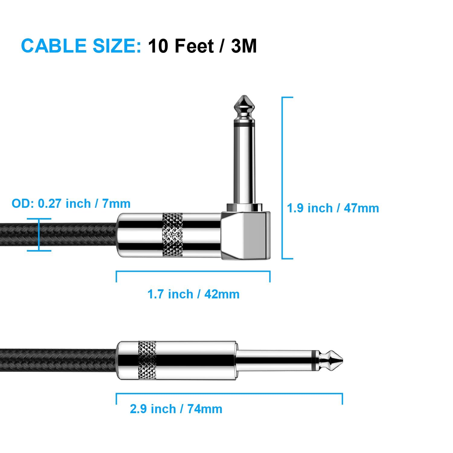 Provides precise physical measurements of the cable and connectors to help shoppers verify compatibility and understand the exact size of the product they will receive.