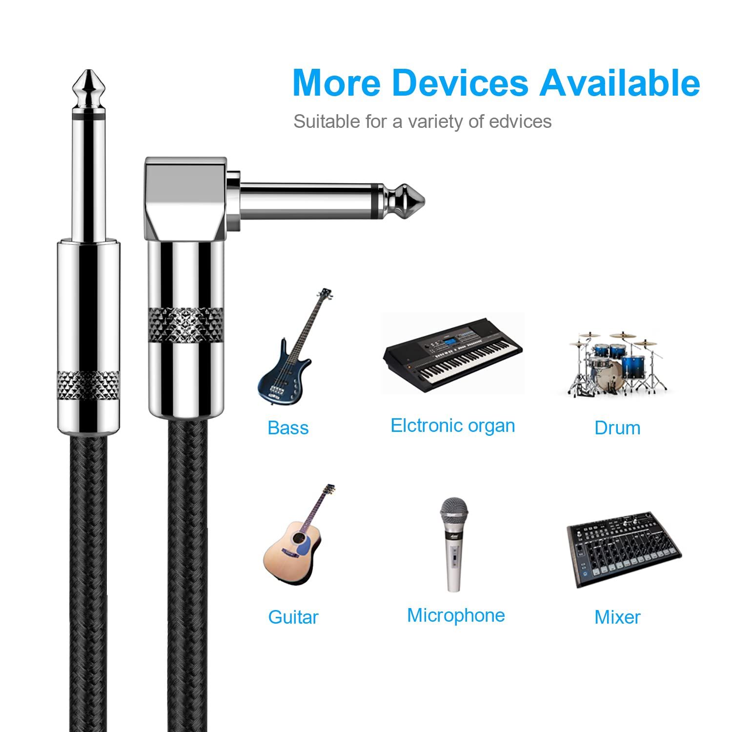 Demonstrates the cable's versatility by showing it works with multiple musical instruments and audio devices including bass, electronic organ, drum, guitar, microphone, and mixer.