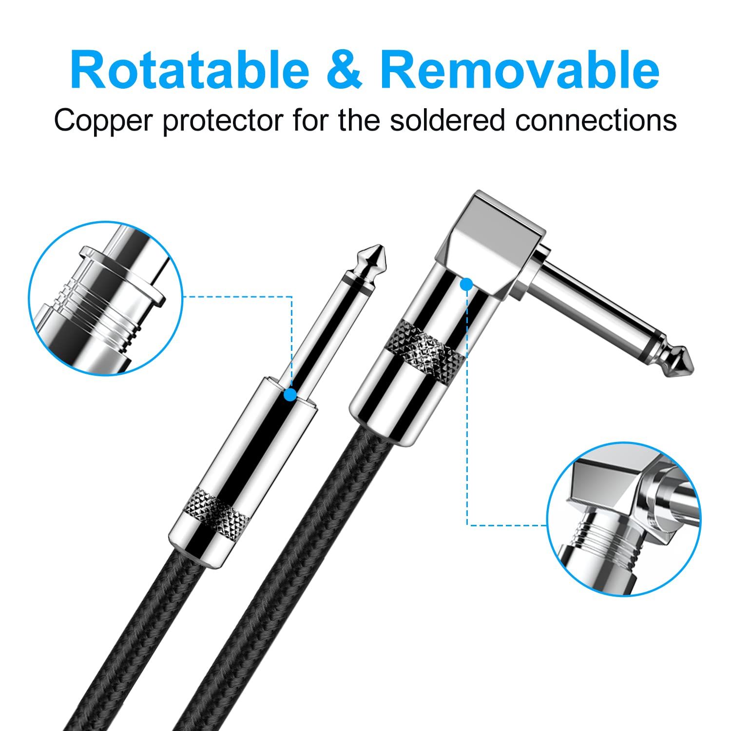 Highlights the rotatable and removable copper protector feature of the soldered connections, showing the physical construction and design of the cable connectors to reassure shoppers of quality and…
