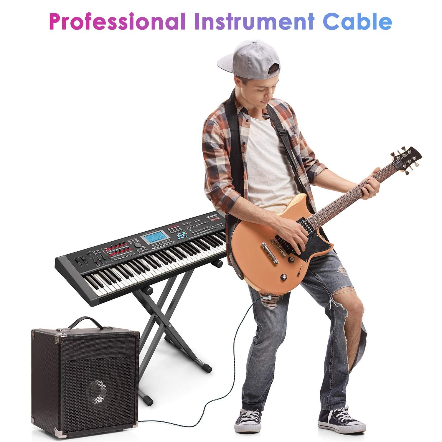 Demonstrates the product (instrument cable) in a real-world musical context, showing a musician using it to connect a guitar to an amplifier and keyboard setup, helping shoppers visualize the…