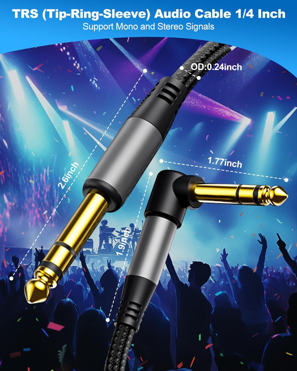 Communicates the precise physical dimensions of the audio cable and its connectors to help shoppers understand the product's size and compatibility with their equipment.