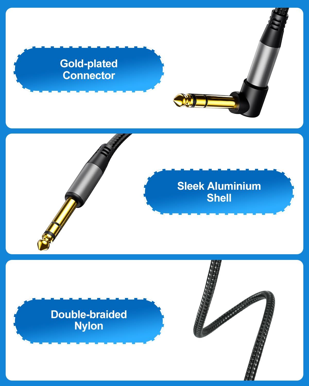 Breaks down the physical components and materials of the audio cable to communicate build quality and premium construction to shoppers. Highlights multiple distinct material and construction…