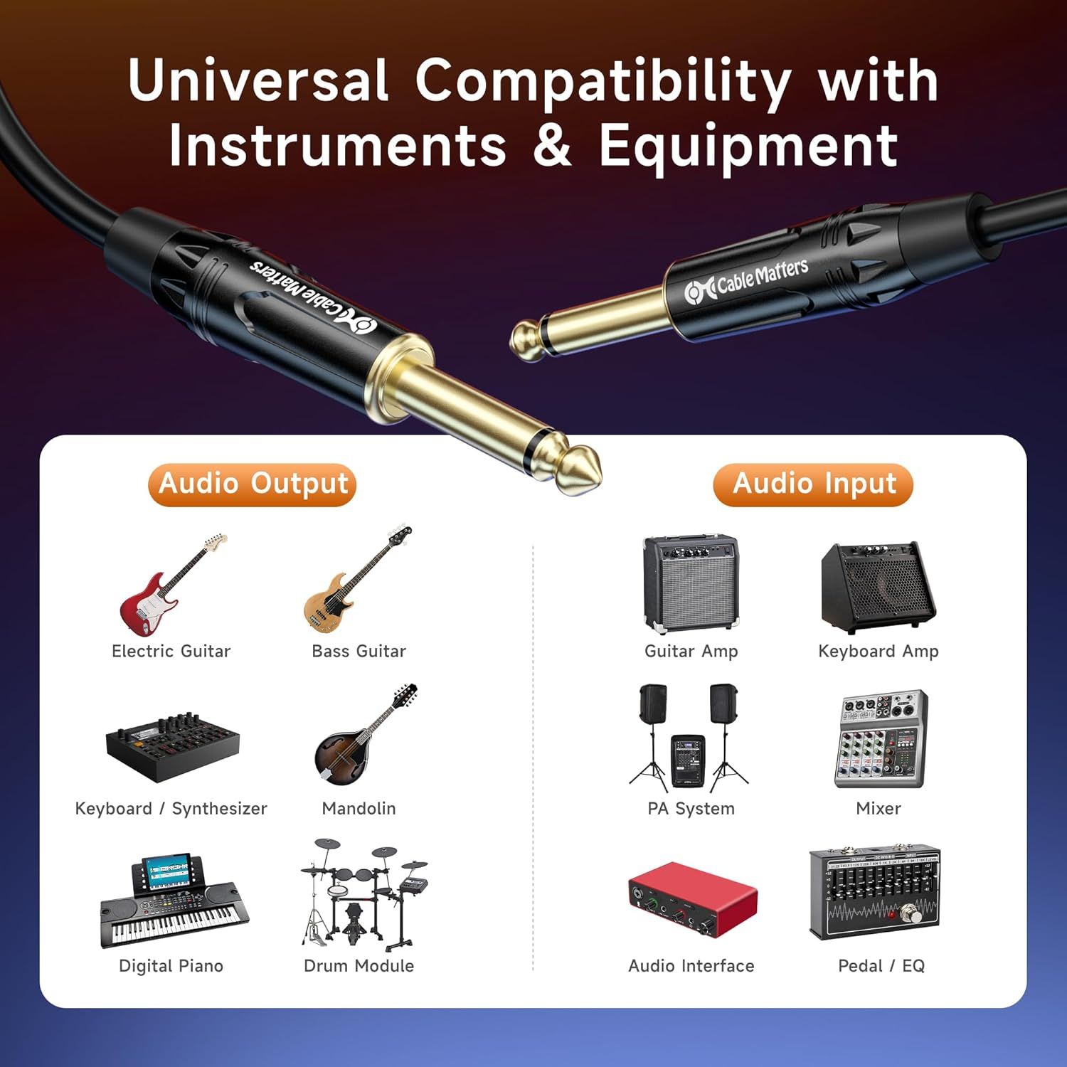 Demonstrates the cable's versatility by showing all the different musical instruments and audio equipment it can connect to, reassuring shoppers that it will work with their existing gear.