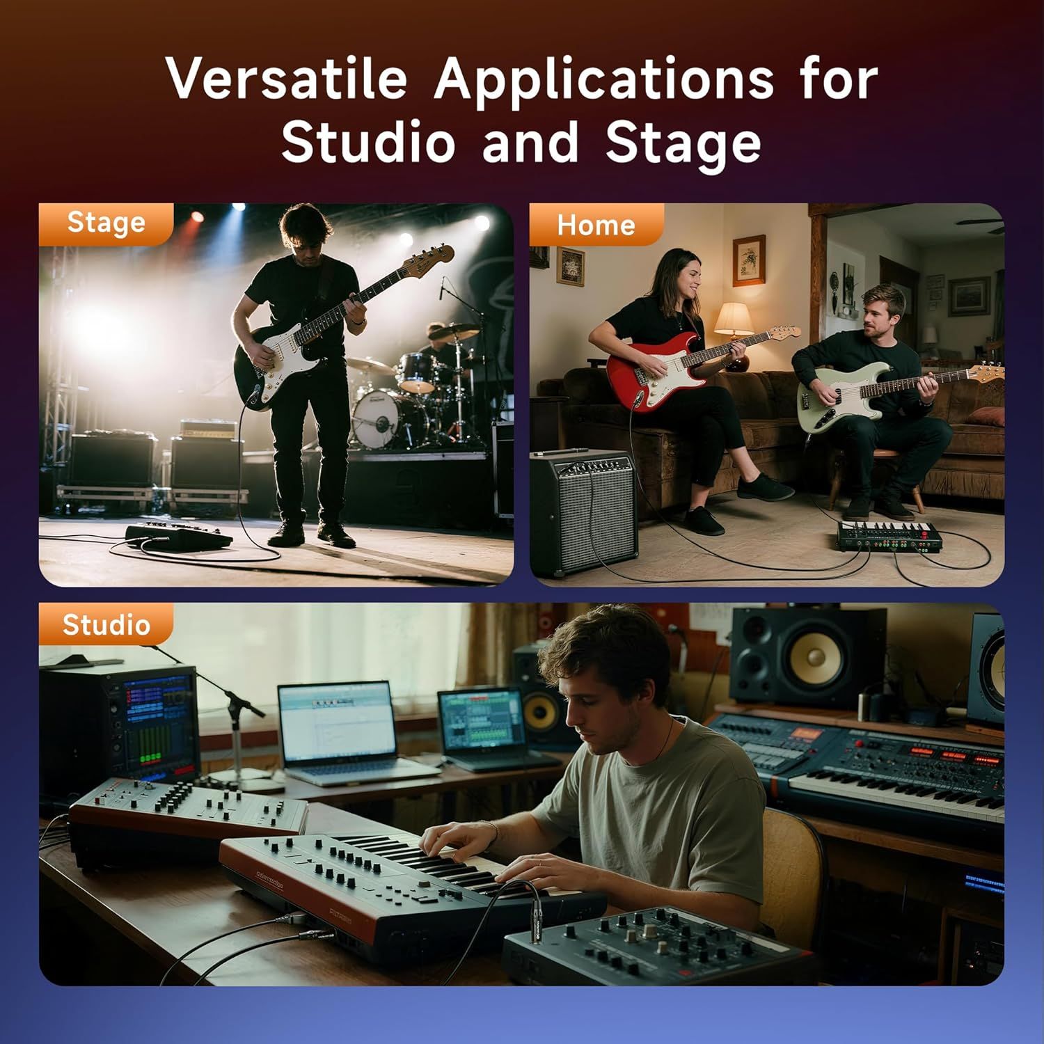 Demonstrates the product's versatility by showing it can be used in multiple professional and personal environments—on stage for live performances, at home for practice, and in the studio for…