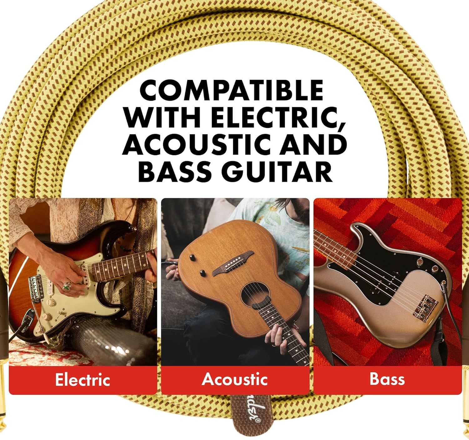 Demonstrates that the product (guitar cable/accessory) is compatible with multiple guitar types—electric, acoustic, and bass—to reassure shoppers of its versatility and broad usability.