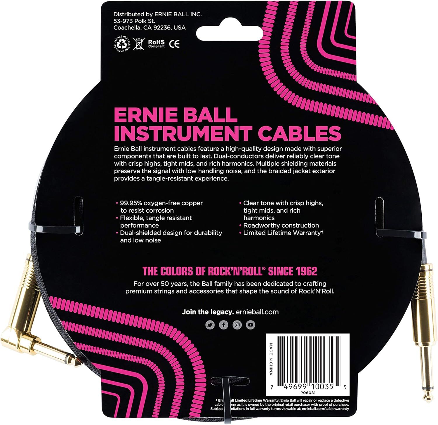 Communicates multiple technical benefits and quality features of the instrument cable to reassure musicians of its superior sound quality, durability, and reliability.