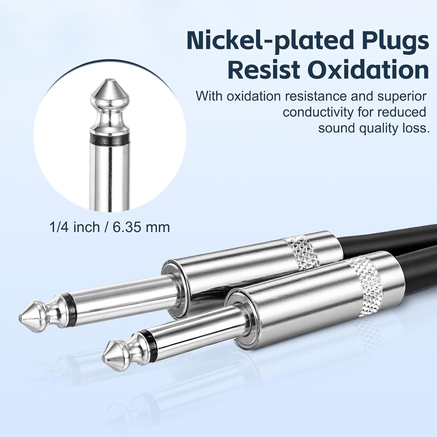 Highlights the nickel-plated plug construction and its oxidation resistance to reassure shoppers of durability and superior audio quality with reduced signal loss. Communicates the key benefit of…