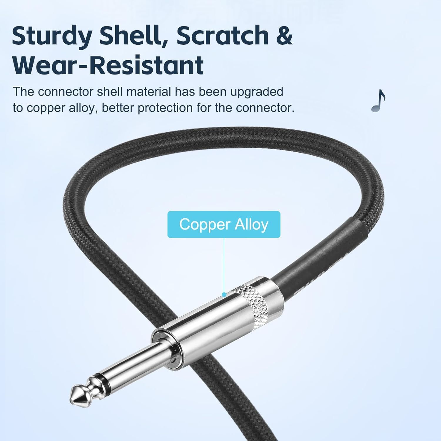 Highlights the upgraded copper alloy material used in the connector shell to communicate durability and superior protection against scratches and wear. Communicates the product's durability benefit…