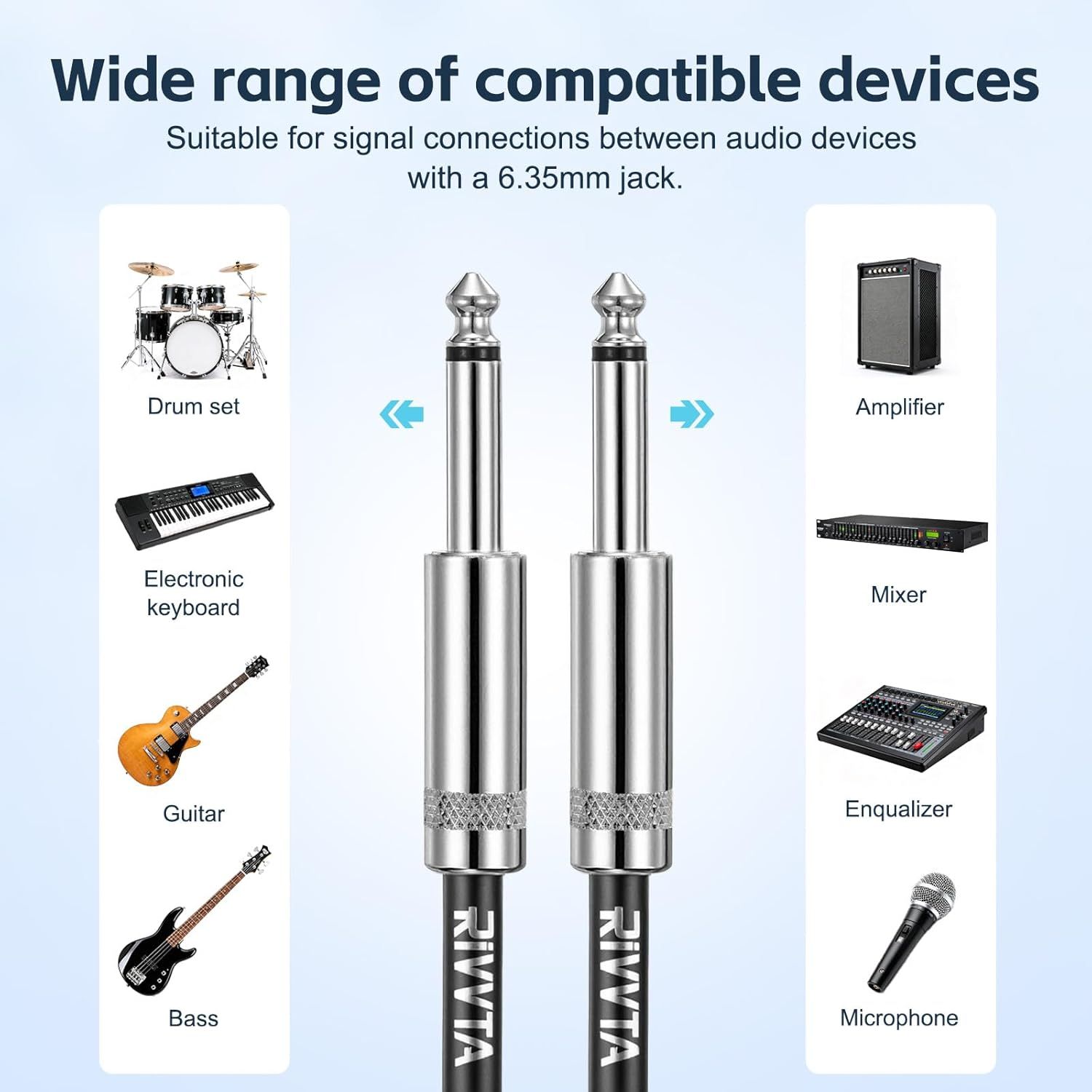 Demonstrates the wide range of audio devices and instruments that are compatible with this 6.35mm audio cable, reassuring shoppers of its versatility across multiple use cases.