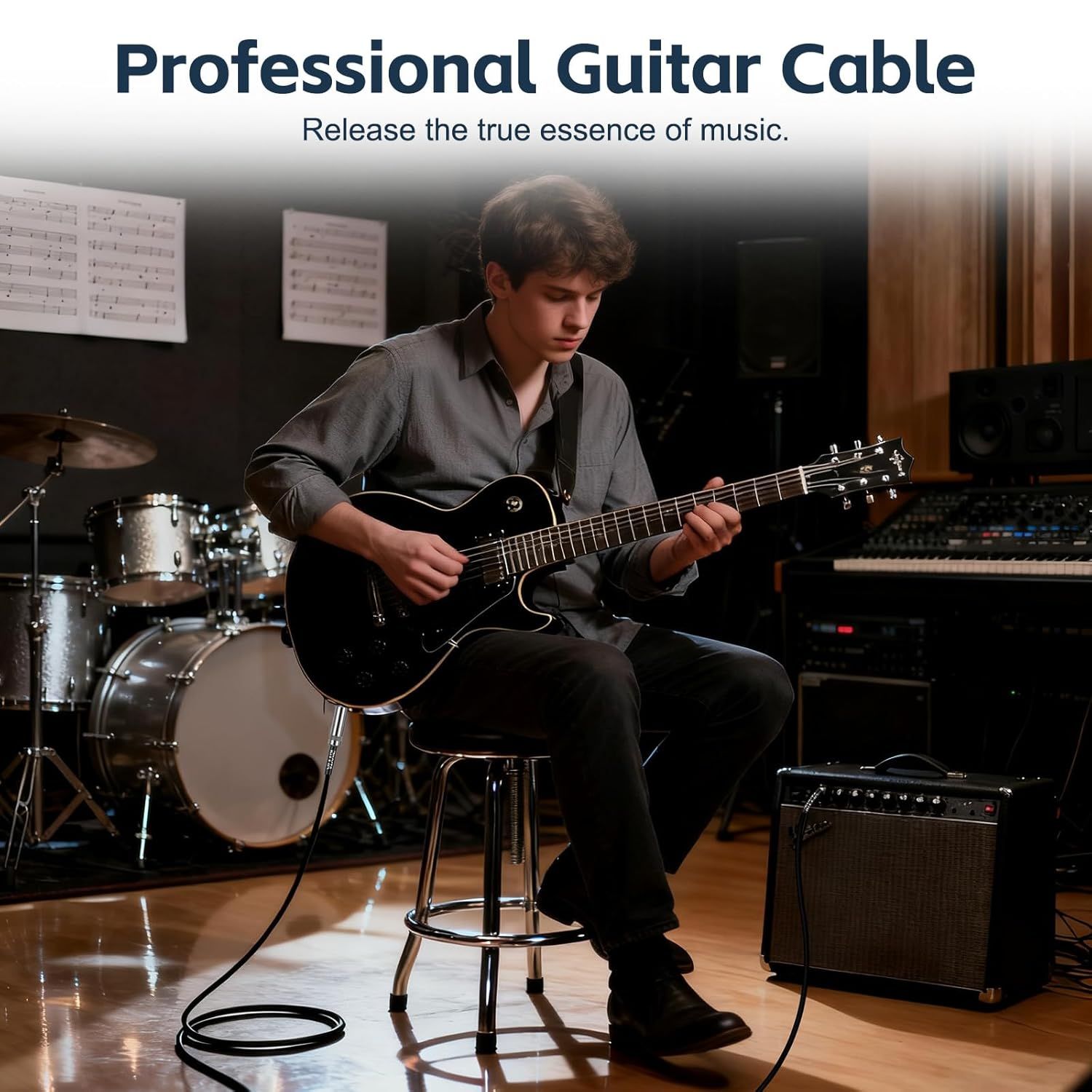 Showcases the guitar cable in an authentic professional music environment to help shoppers visualize the product in real-world use and establish credibility for serious musicians.