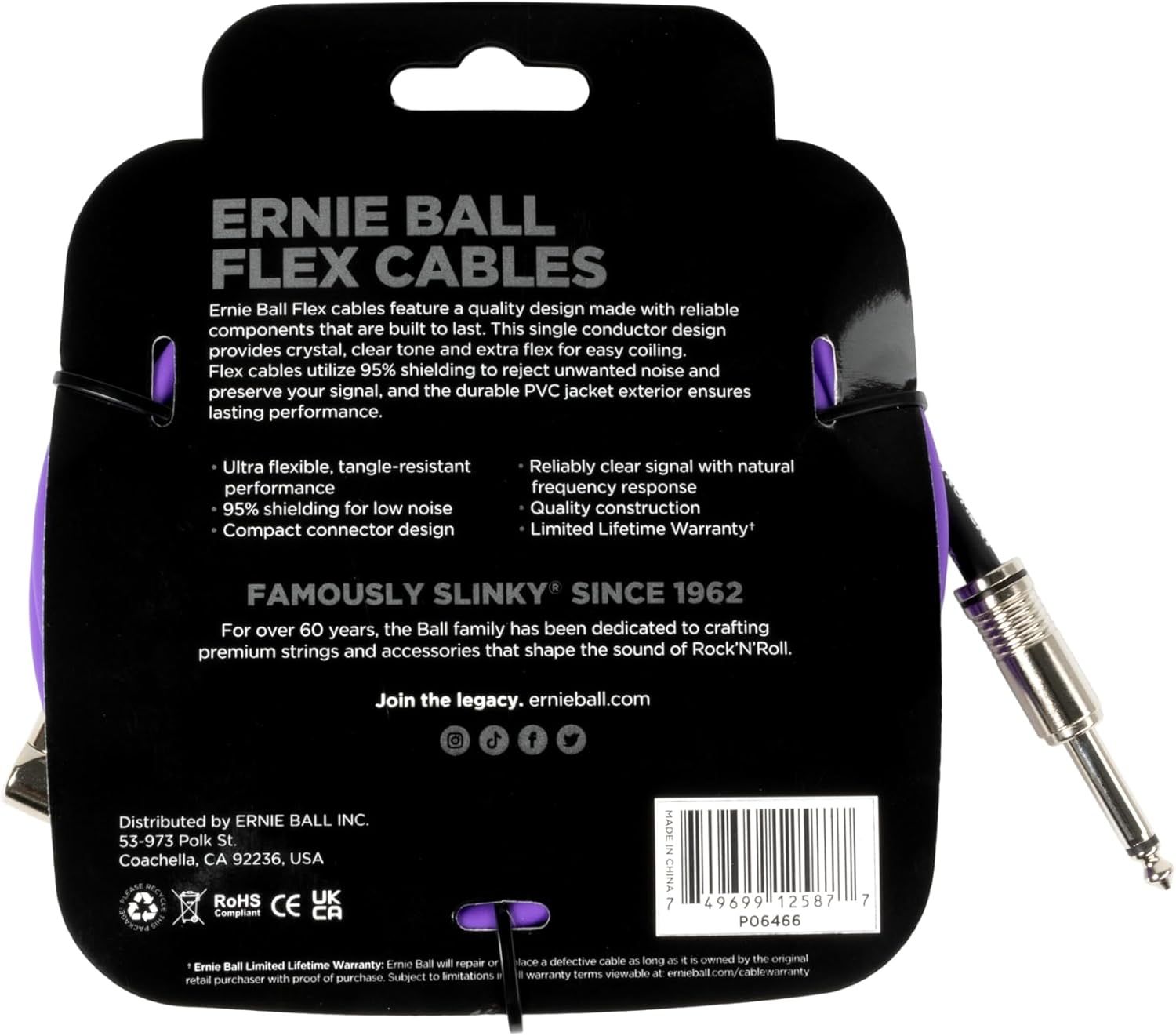 Communicates multiple technical benefits and features of the Ernie Ball Flex Cables in a segmented bullet-point layout to reassure musicians of the product's quality, performance, and durability.