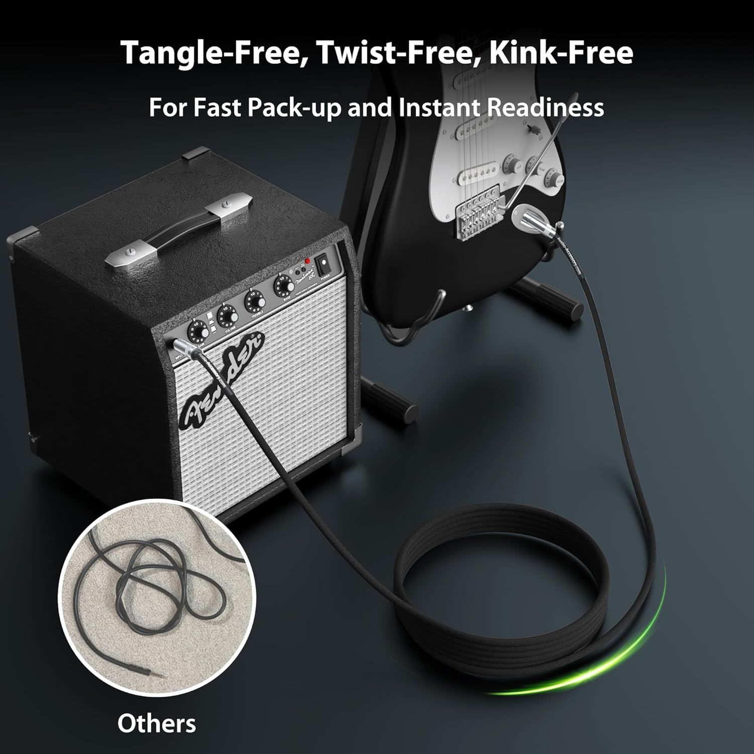 Demonstrates the product's superior cable design that remains tangle-free, twist-free, and kink-free compared to competitors' cables, emphasizing fast pack-up and instant readiness benefits.…