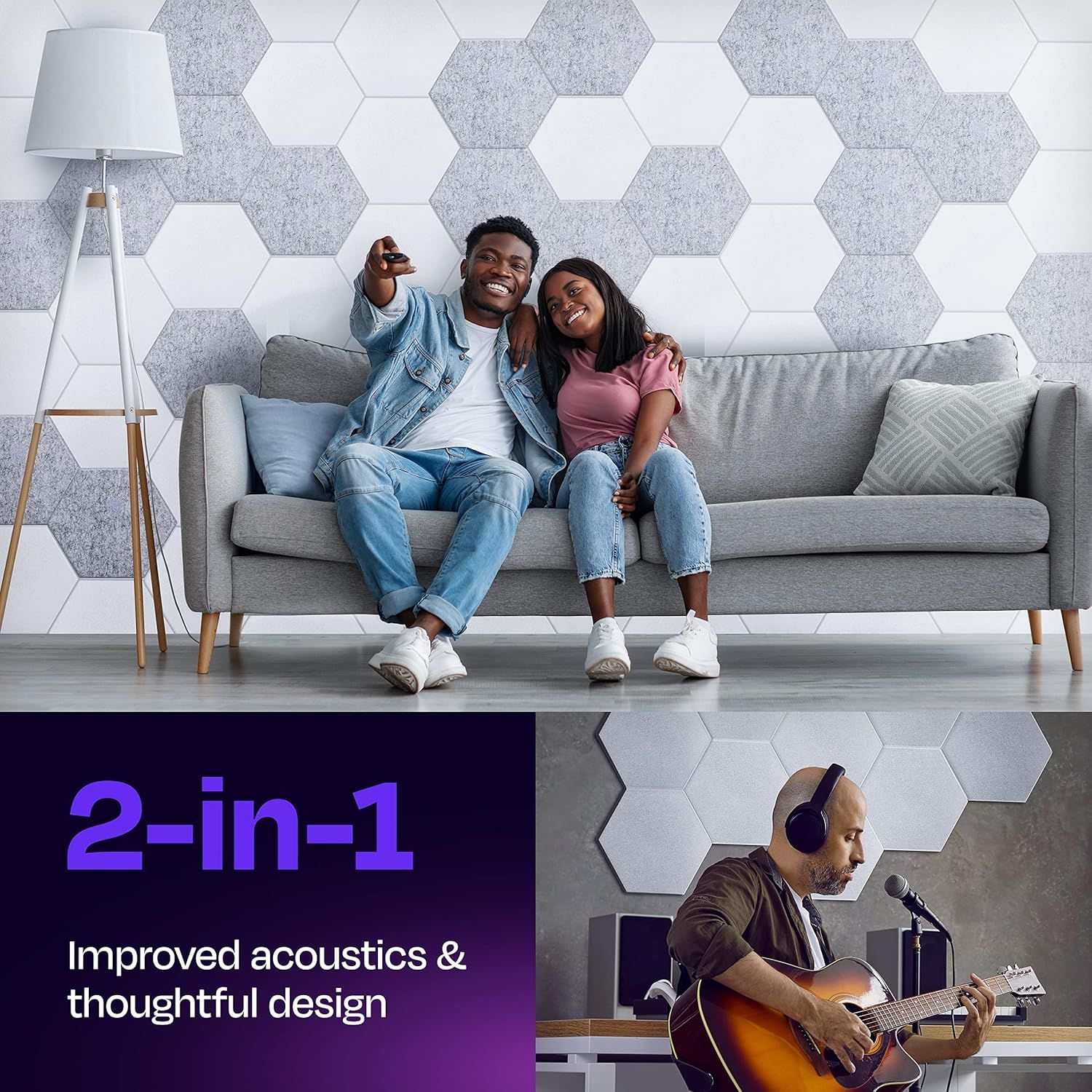 Communicates that the hexagonal wall panels serve a dual purpose: enhancing sound quality for entertainment and music while also providing aesthetic appeal for home decor.