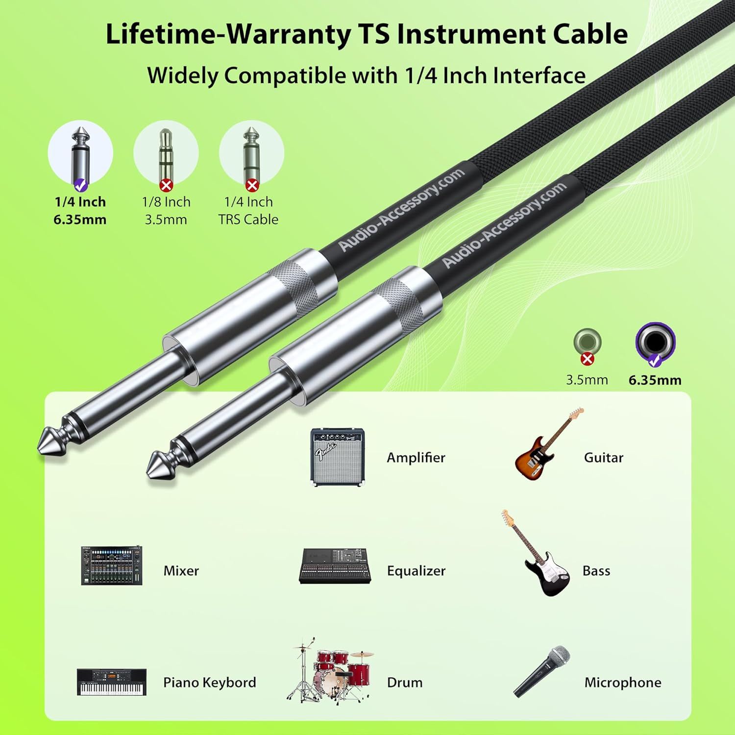 Demonstrates the cable's versatility by showing it works with multiple musical instruments and audio equipment (guitar, bass, amplifier, mixer, equalizer, drum, piano keyboard, microphone),…