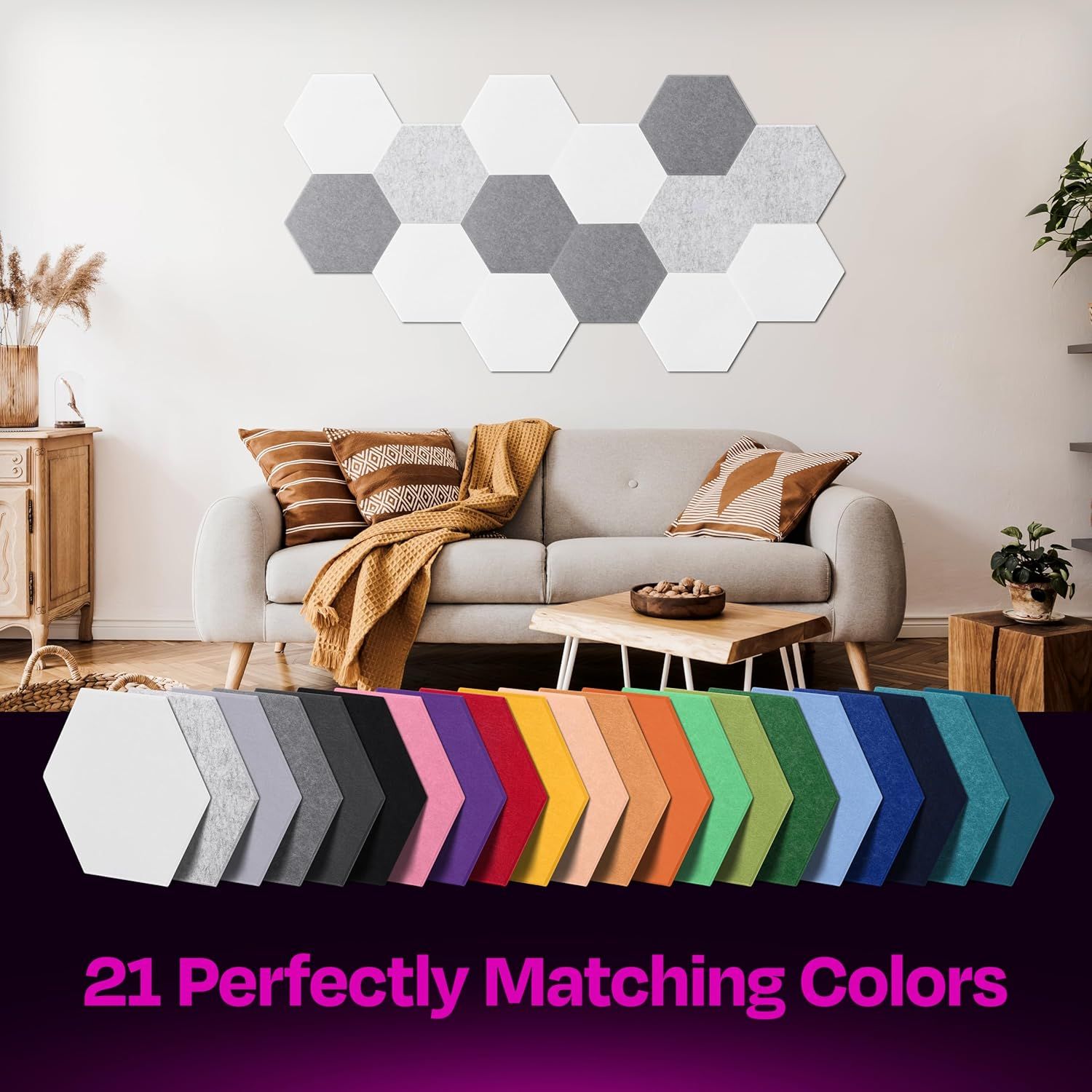Showcases the brand's full range of 21 color options for the hexagonal acoustic panels, helping shoppers visualize customization possibilities and understand the product lineup available.…