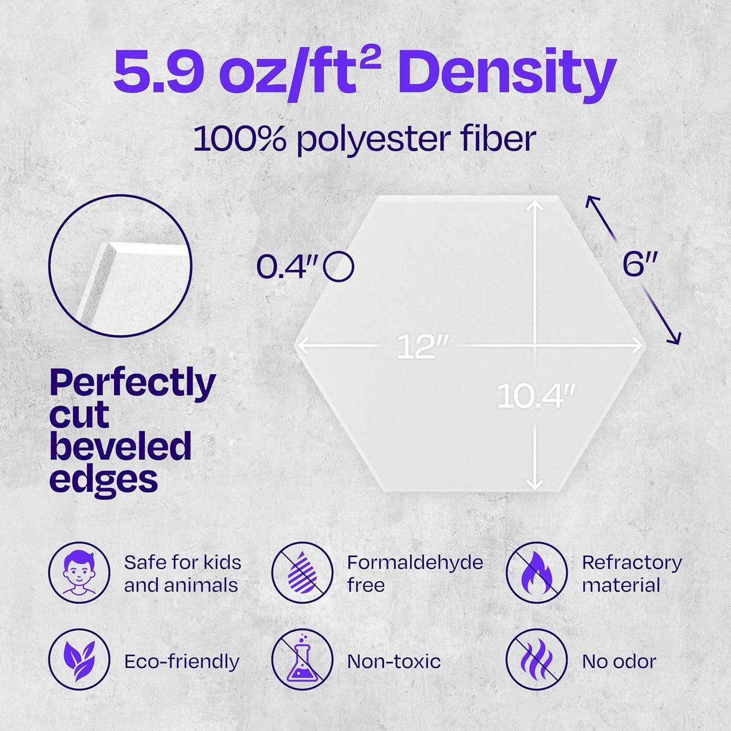Communicates the exact physical dimensions and thickness of the hexagonal product to help shoppers understand its size and shape specifications. Reassures shoppers that the product is safe,…