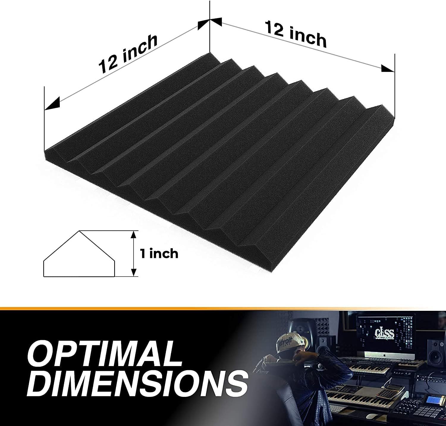 Communicates the exact physical size of the acoustic foam panel (12 x 12 x 1 inch) to help shoppers understand if it fits their space and acoustic treatment needs.