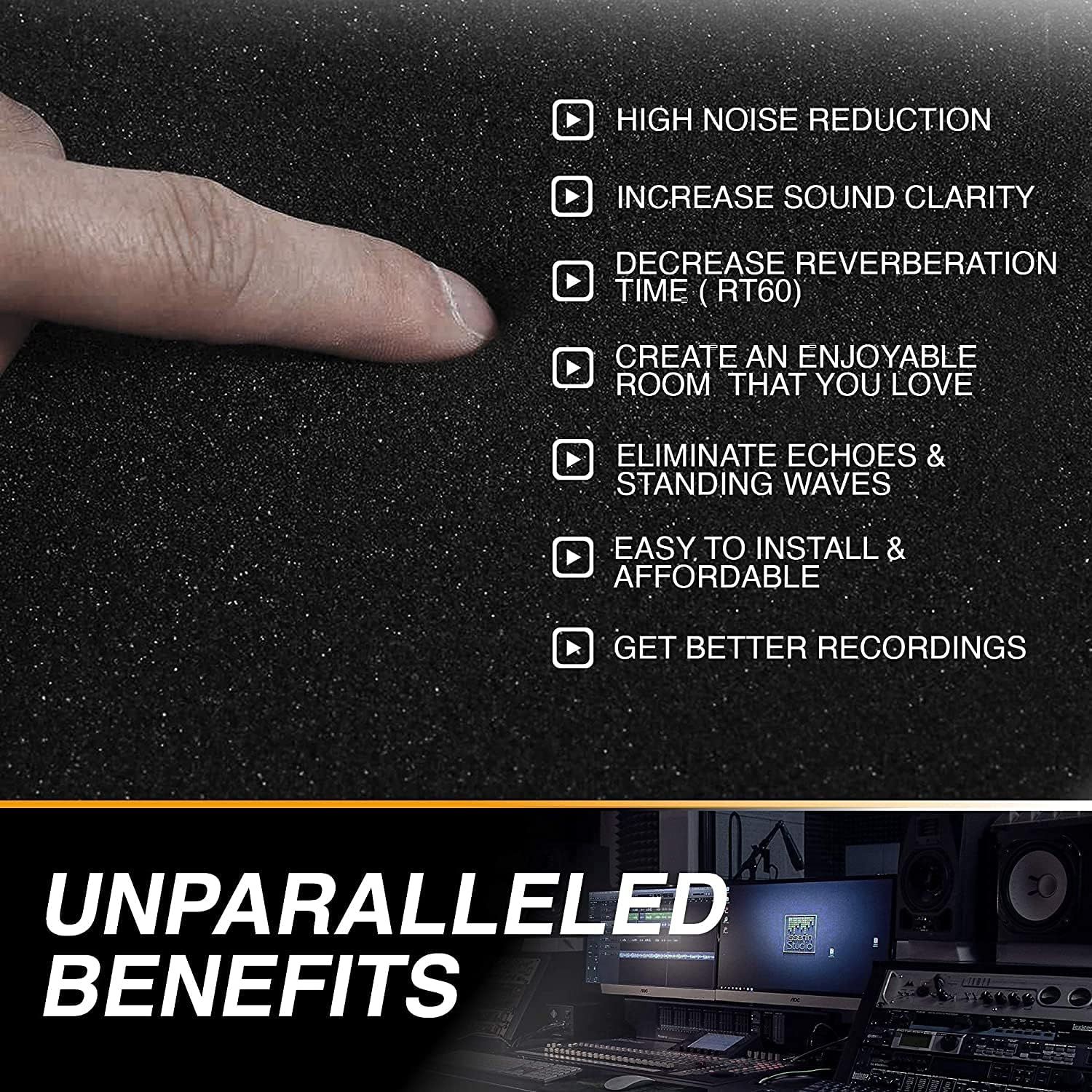 Communicates multiple acoustic benefits of the product (likely acoustic foam panels) to show shoppers how it improves sound quality, reduces echoes, and enhances recording environments.