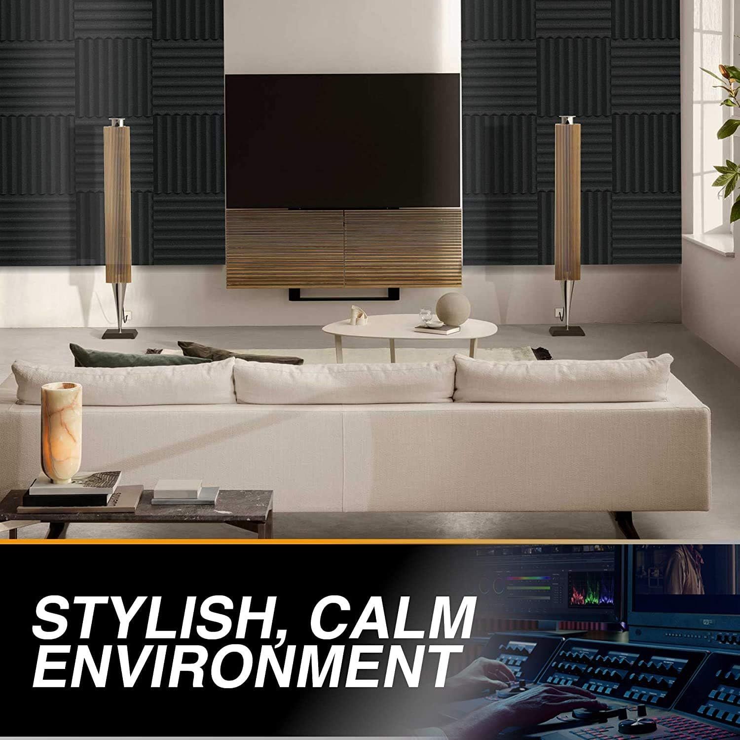 Demonstrates the product in an upscale, real-world living room environment to show how it integrates into a stylish, calm home theater setup with acoustic panels and premium furniture.