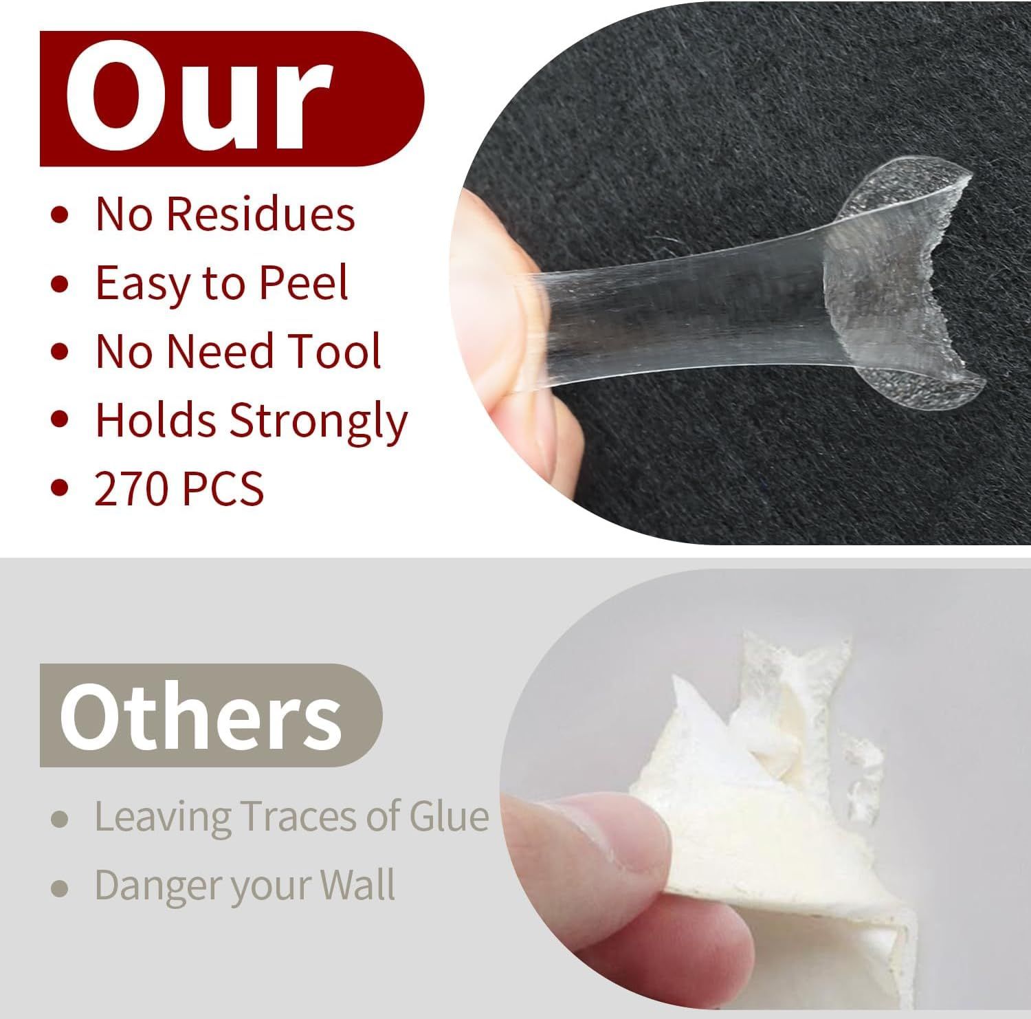 Demonstrates the superiority of this adhesive product over competing products by showing it leaves no residue and peels cleanly, while competitors leave glue traces and damage walls.