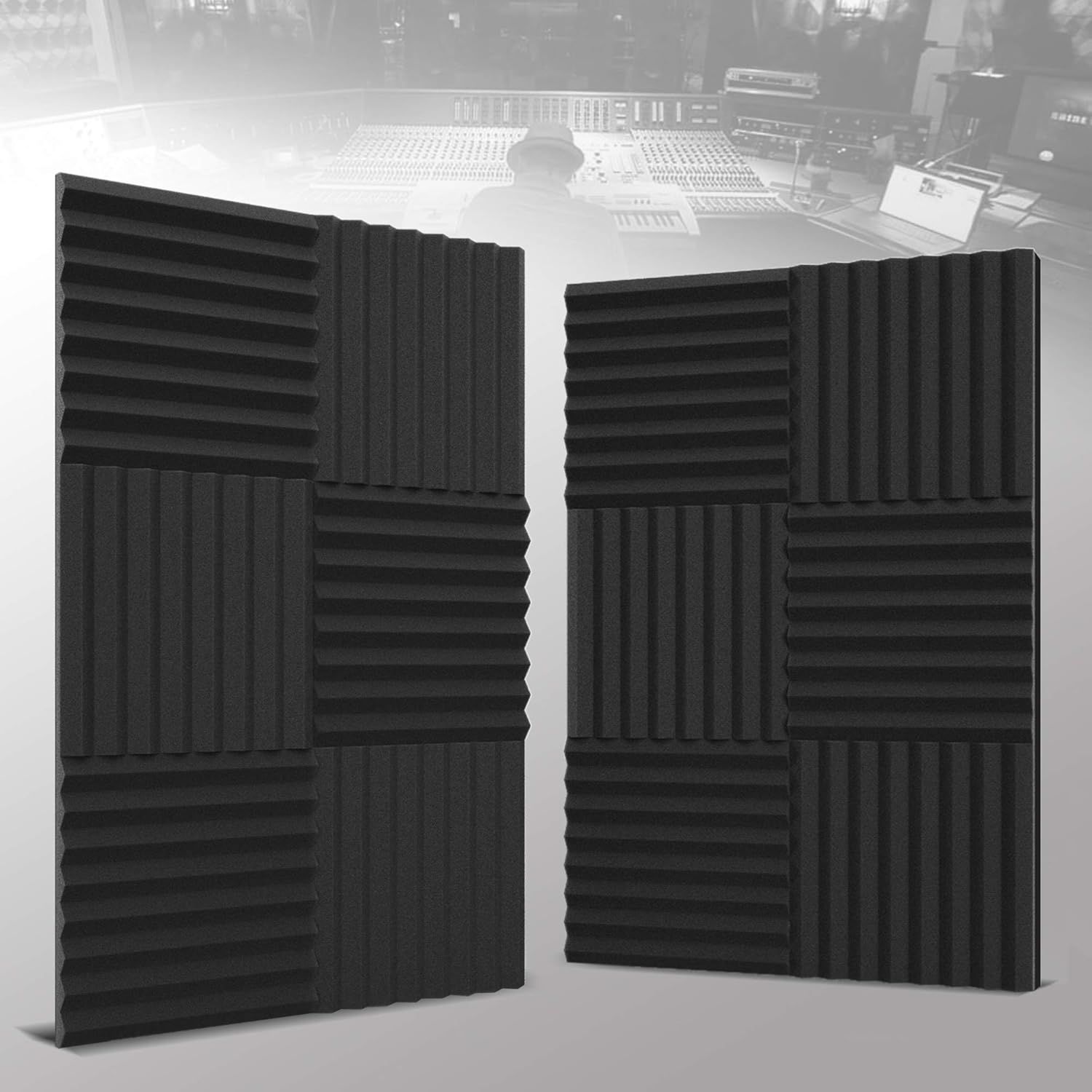 Shows the acoustic foam panels in their intended real-world use case—a professional recording studio—to help shoppers visualize the product in context and understand its application for sound…