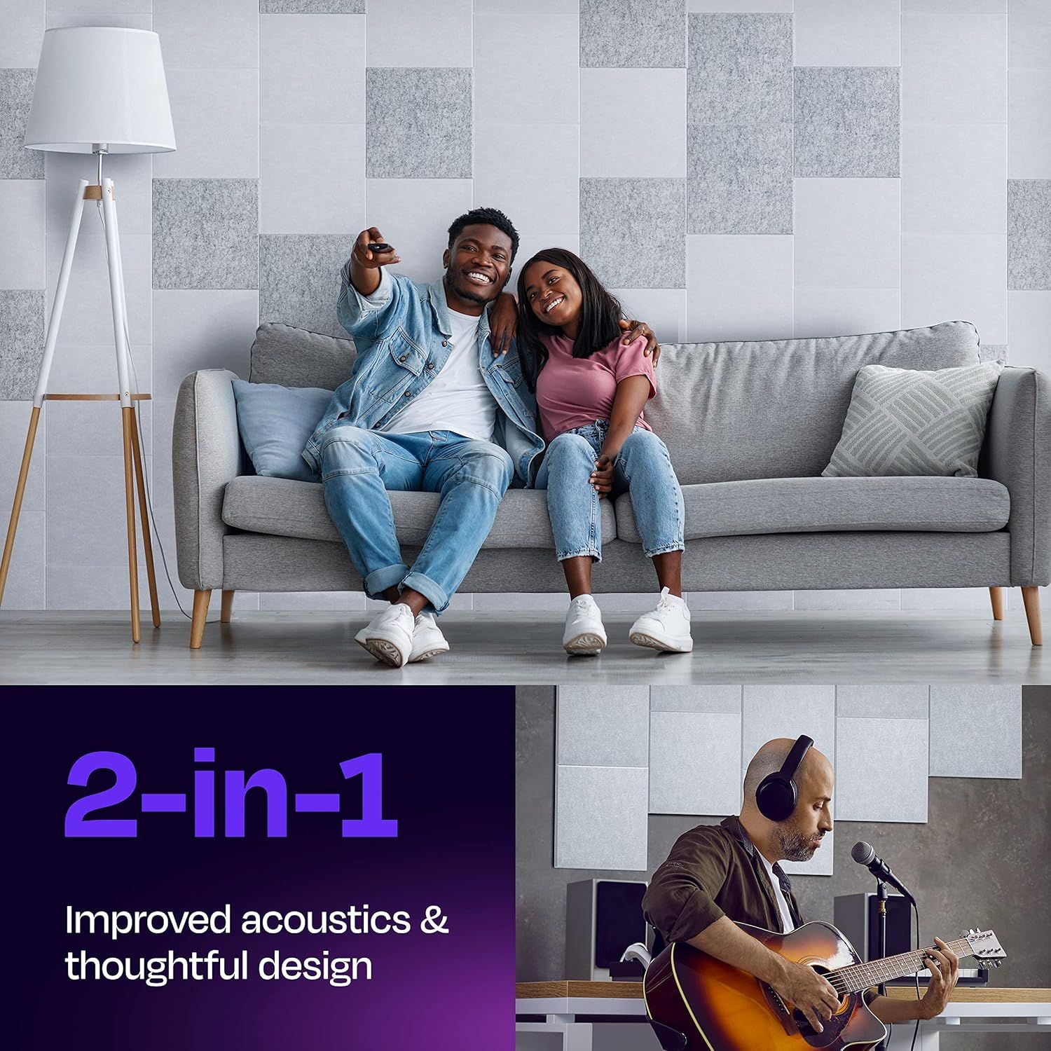 Communicates that the product (acoustic wall panels) serves a dual purpose: enhancing sound quality while also providing aesthetic design value for home environments.